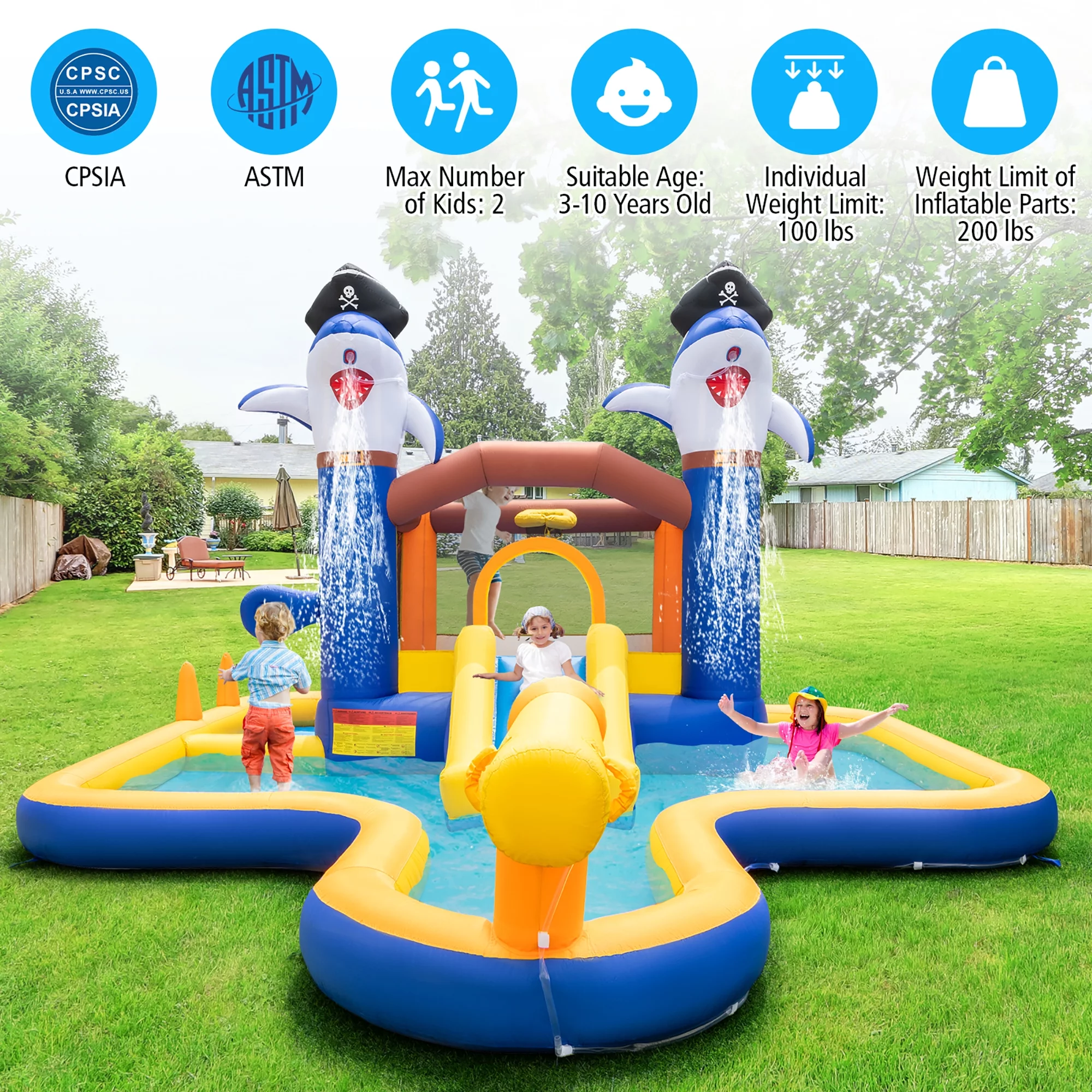 Gymax Inflatable Water Slide Park Bounce House Splash Pool Water Cannon without Blower