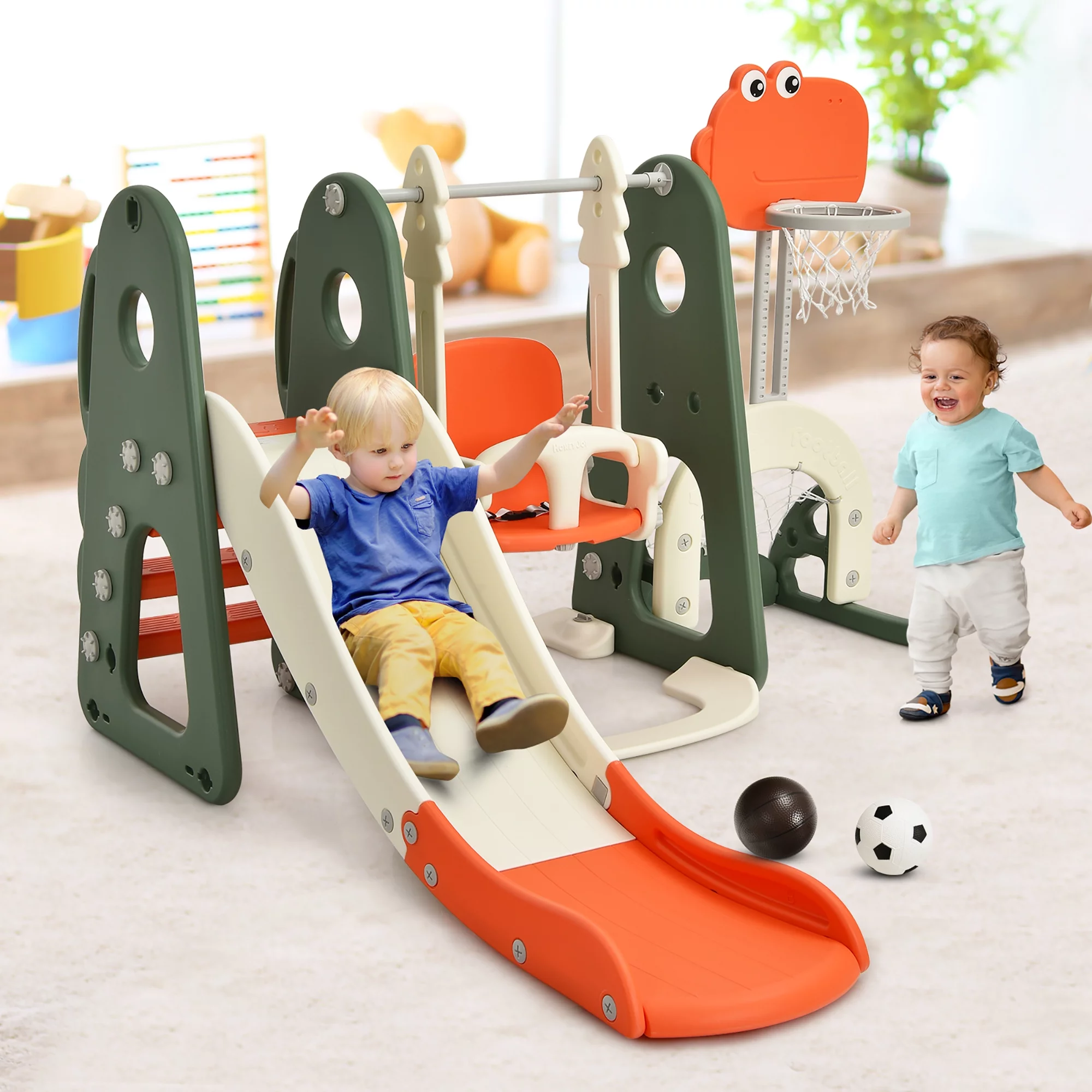 Costway 6 in 1 Toddler Slide and Swing Set Climber Playset w/ Ball Games White