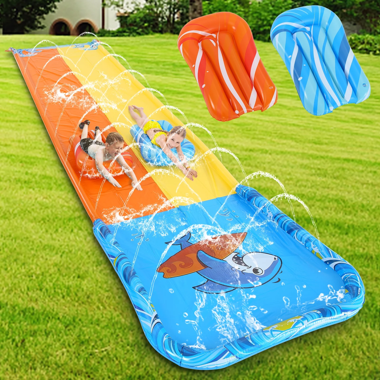 Slip and Slide Water Slide for Kids Adult,Inflatable Water Splash Slide Summer Outdoor Toys with 2 Bodyboards Lanes Slip Racing Lawn Water Slide with Water Sprayer Build in Sprinkler for Backyard 20ft