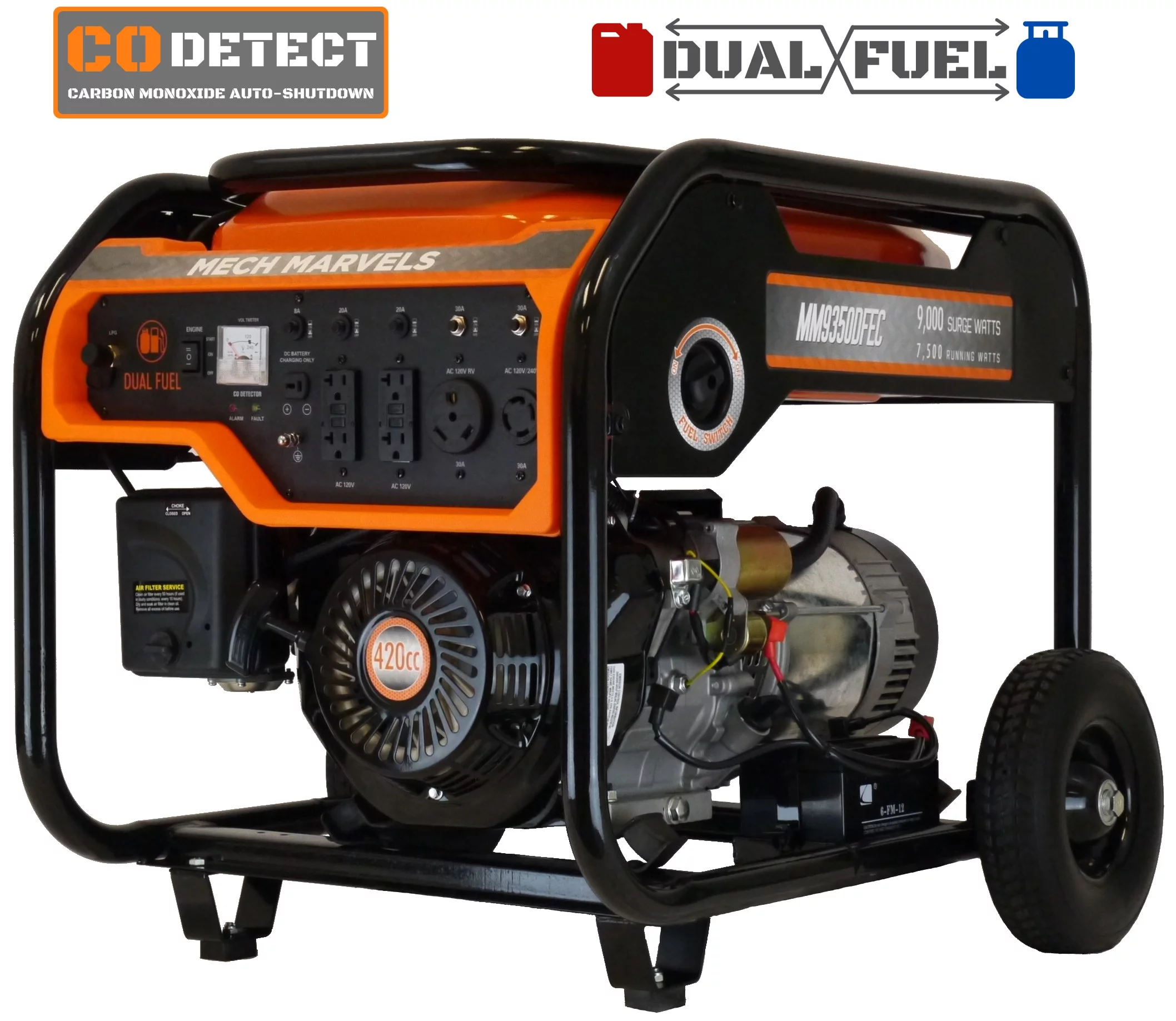 Mech Marvels 9000 Watt Dual Fuel Portable Power Generator, Electric Start, CO Detect, MM9350DFEC