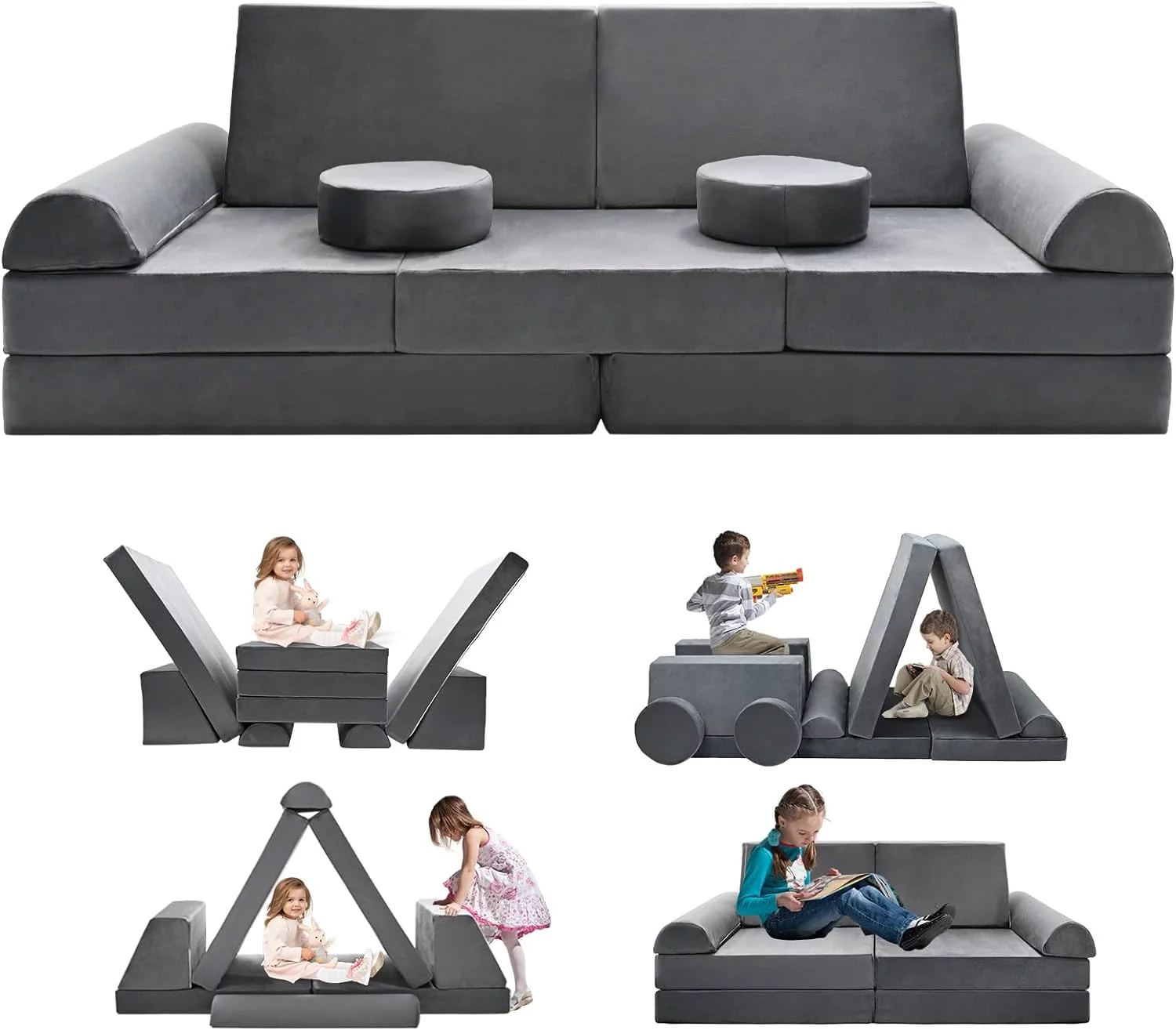 Slsy 10-Piece Kids Couch Sofa, Modular Toddler Couch for Playroom Bedroom, Convertible Foam and Floor Cushion for Playing, Creativing, Sleeping, Gray