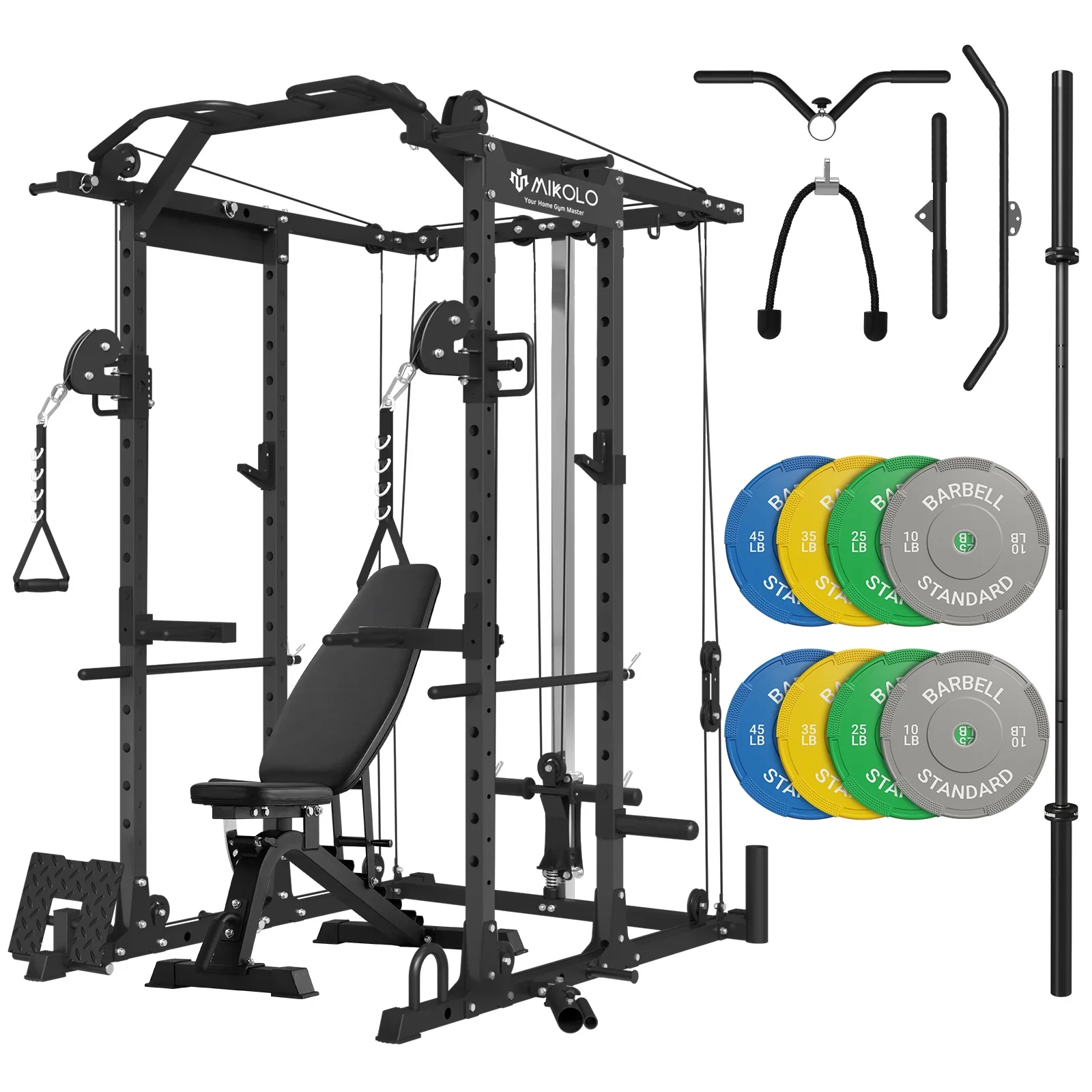 Mikolo Power Rack Cage, 1500 lbs Weight Rack with Cable Crossover Machine,Multi-Function Squat Rack with J Hooks,Dip Bars and Landmine for Home Gym (Red)