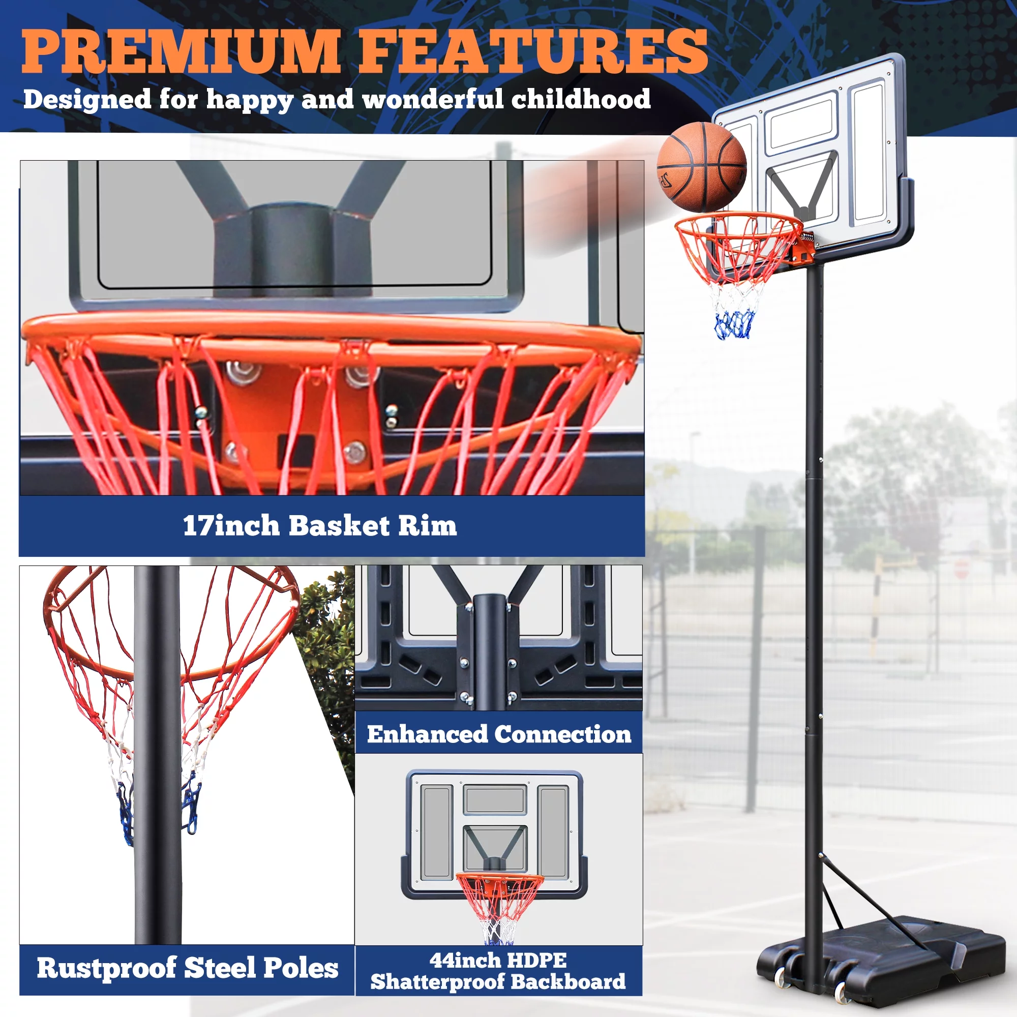 iFanze 44″ Basketball Hoop, 4.4-10ft Height Adjustable Portable Basketball Goal System with Shatterproof PVC Backboard and 18″ Rim, Kids Adults Basketball Court Indoor Outdoor