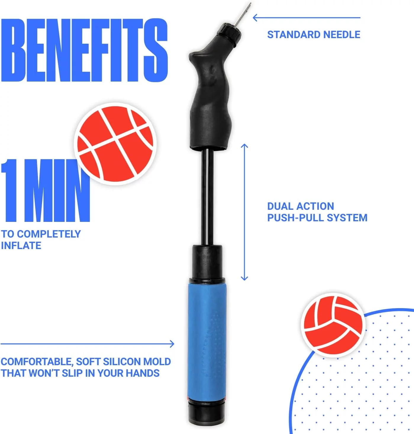 SPORTBIT Ball Pump with 5 Needles – Push & Pull Inflating System – Great for All Sports Balls – Goes with Needles Set