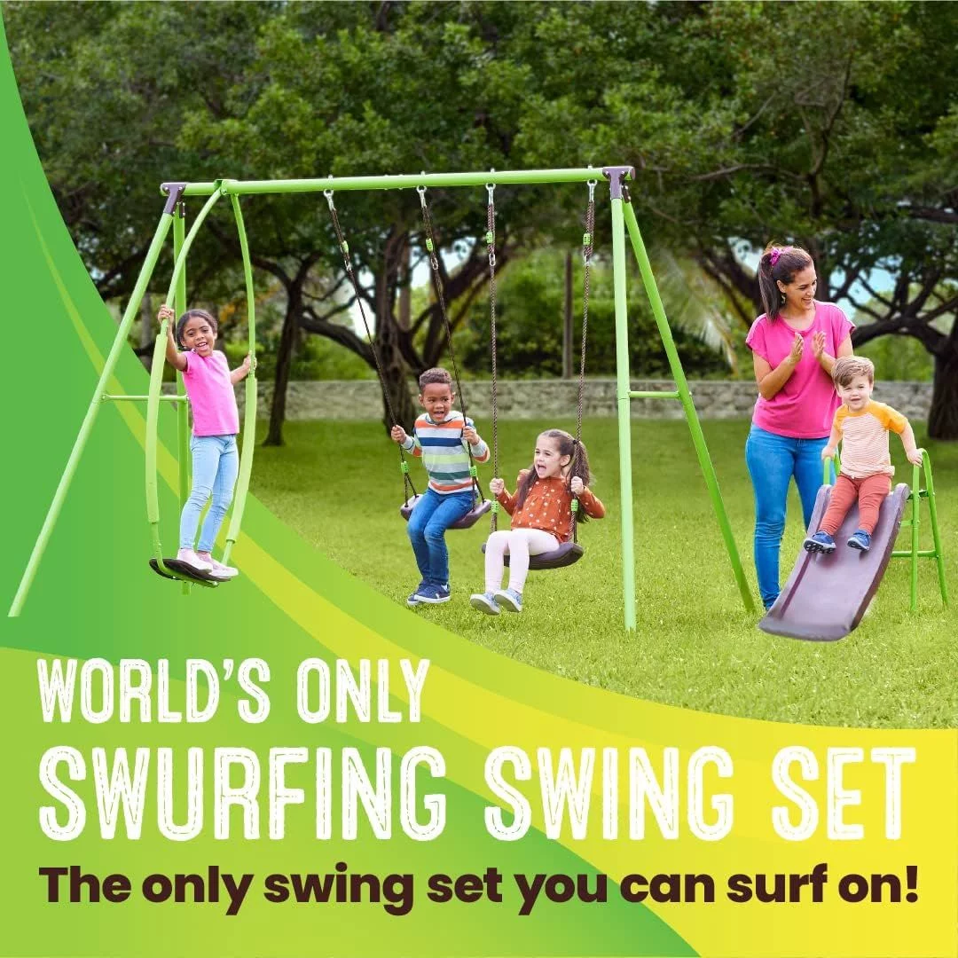 Swurfer Steel Triple a-Frame Swing Set with Swing and Slide, Outdoor Playset for Kids, Ages 3+