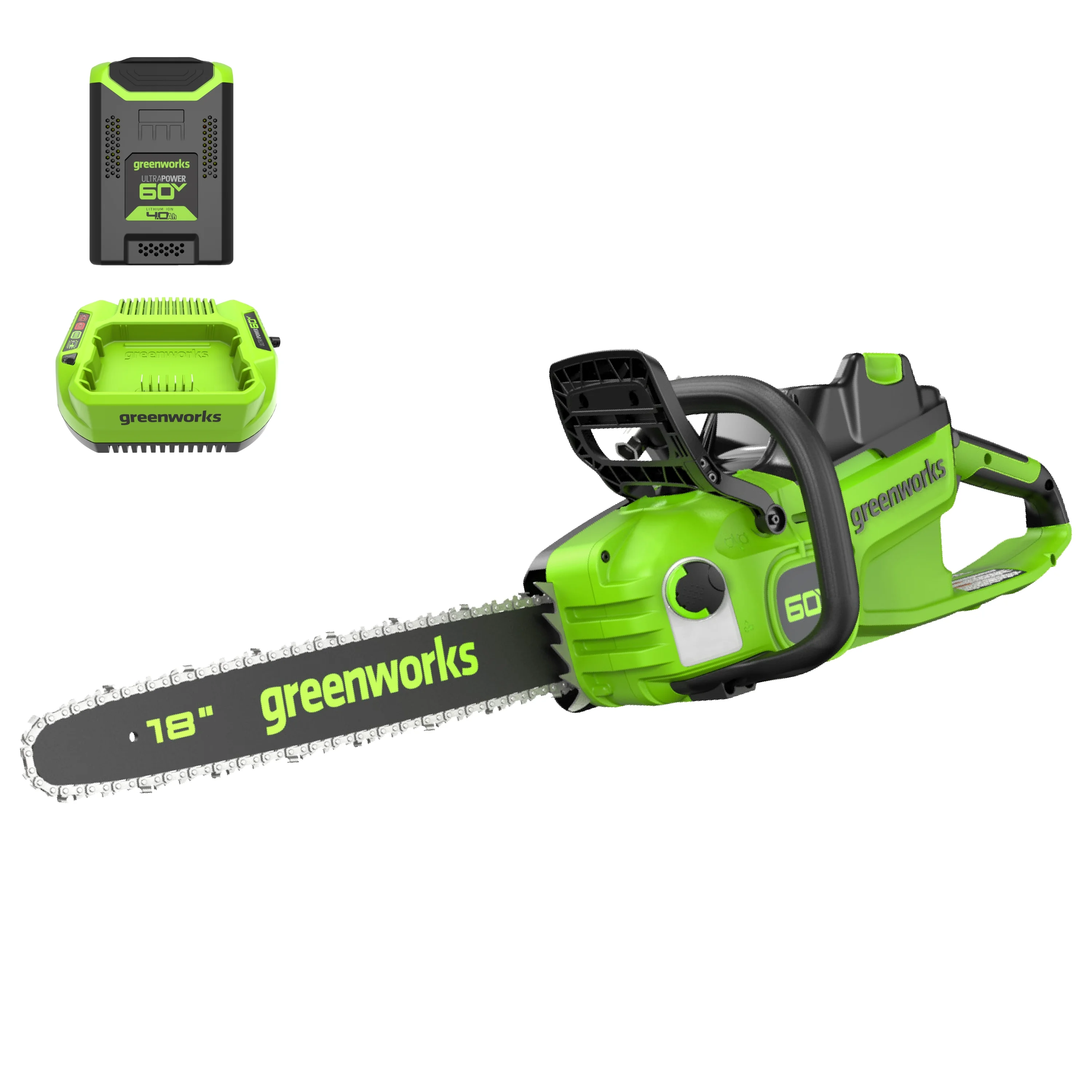 Greenworks 60V 18″ 2.0kW Brushless Chainsaw with 4.0 Ah Battery & 3 Amp Charger 2028502