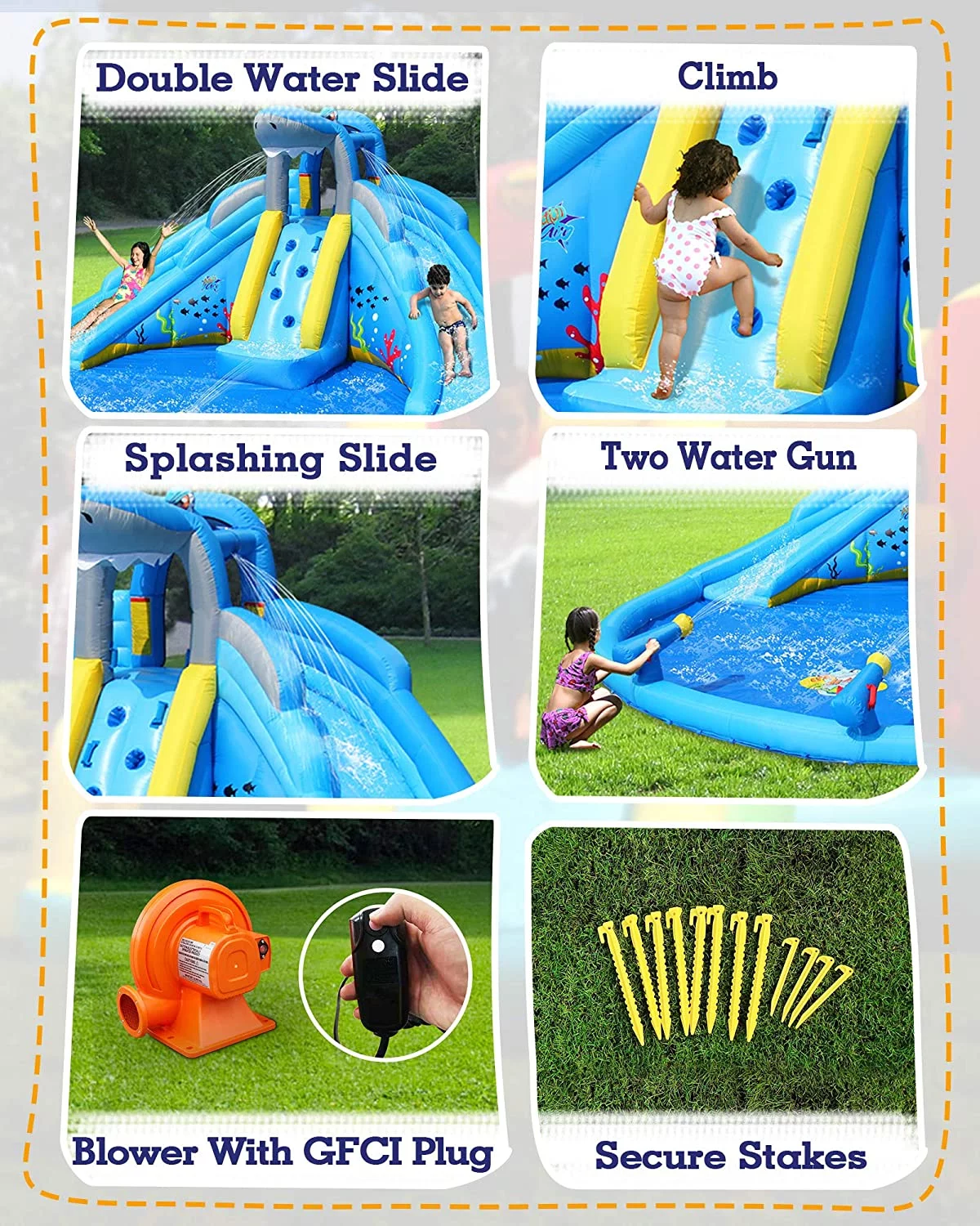 ACTION AIR Inflatable Water Slide, Double Waterslides Shark Theme Water Park for Wet and Dry