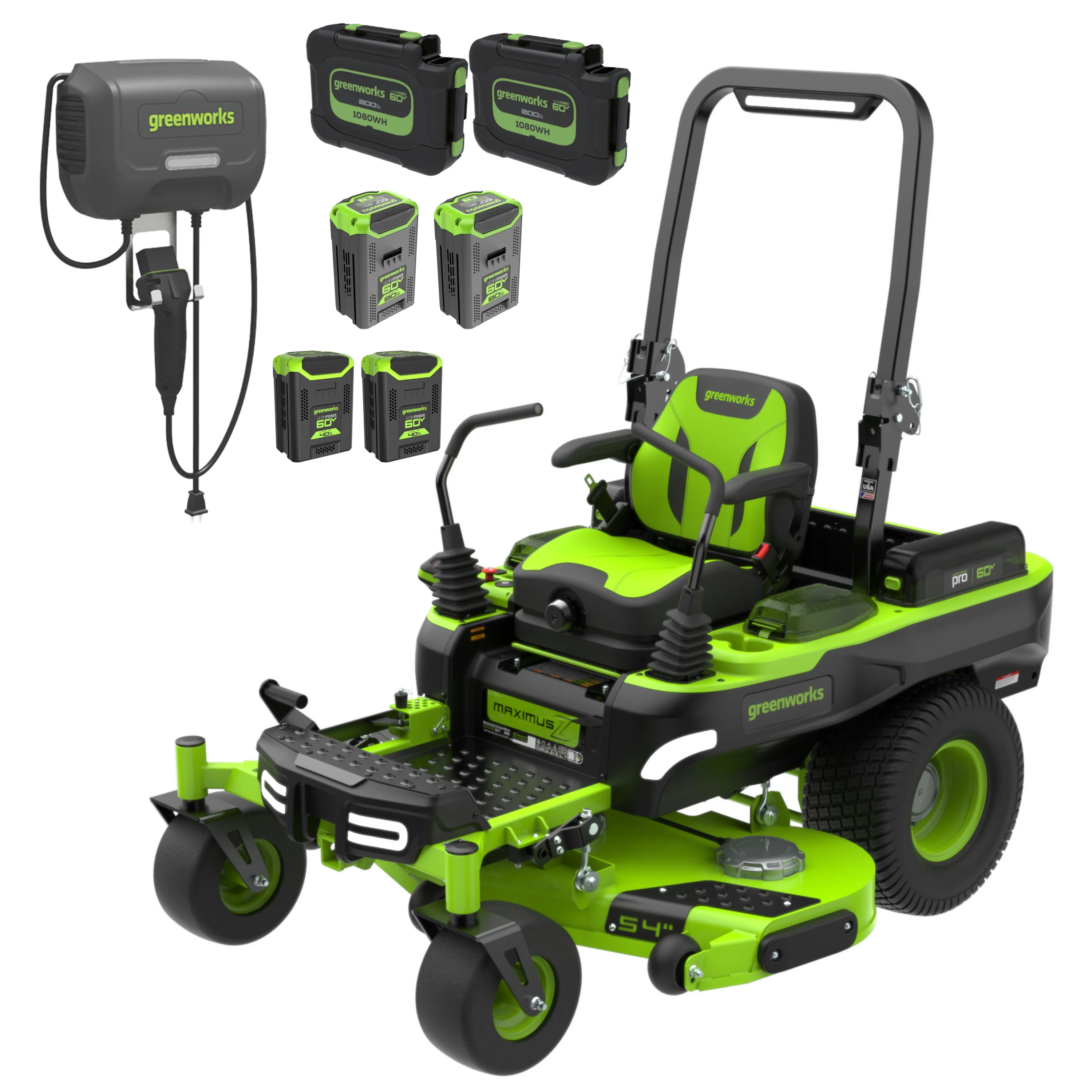 Greenworks 60V 54″ MaximusZ Zero Turn Riding Mower with (2) 20.0 Ah, (2) 8.0 Ah & (2) 4.0 Ah Batteries and 1.5kW Charger 7422302