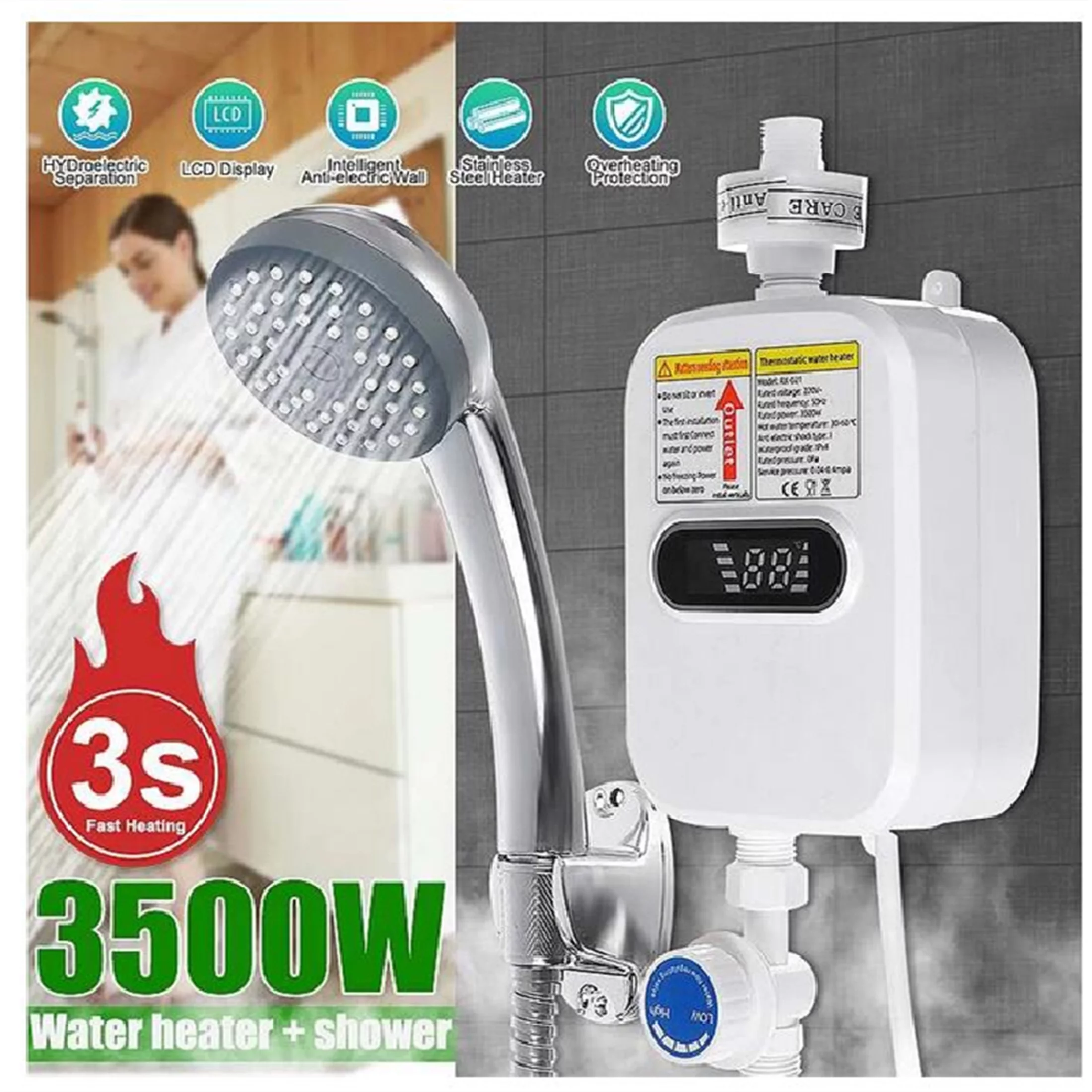 Instant Water Heater Shower 3500W 110V 3S Heating Bathroom Kitchen Tankless Electric Water Heater Temperature Display, Up to 50??