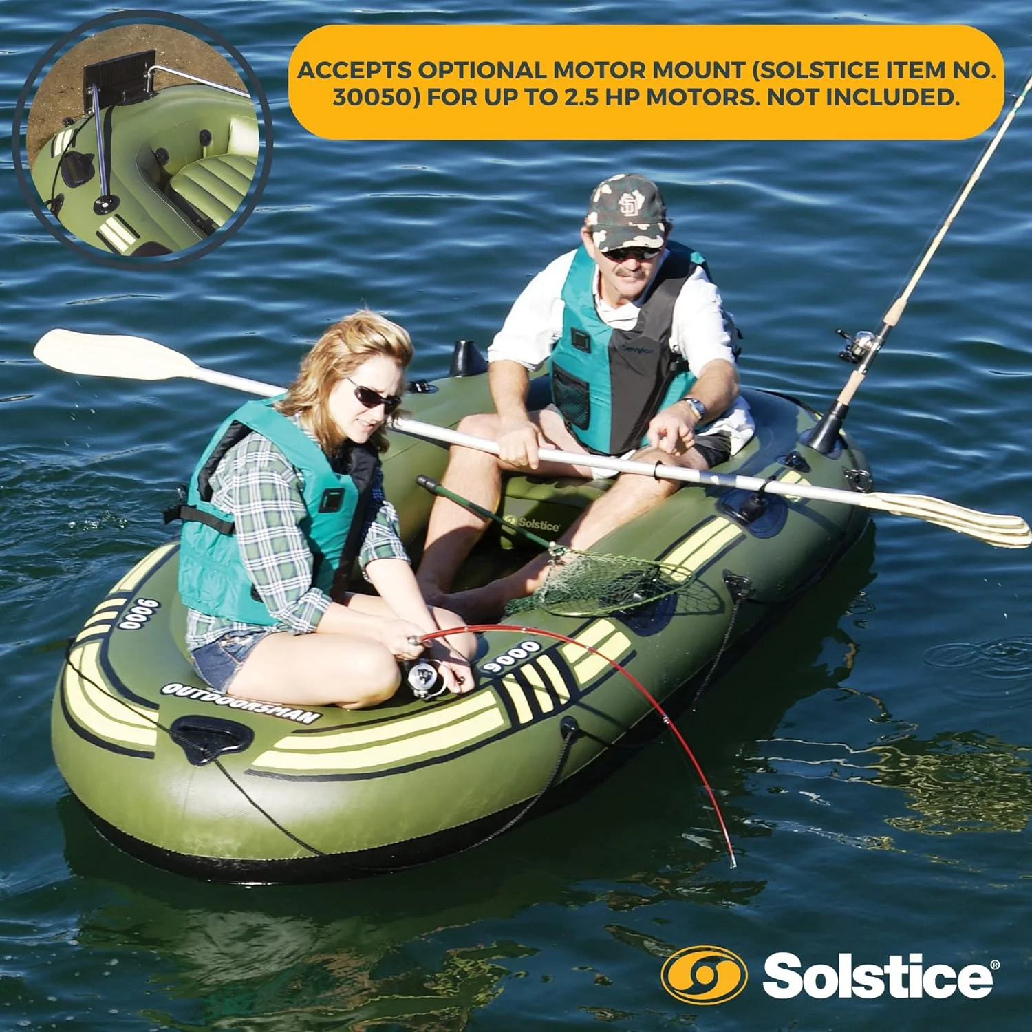 Solstice Outdoorsman 9-Foot Heavy-Duty Inflatable Fishing Boat with Quad Swivel Oar Locks and Dual Rod Holders, Motor Compatible