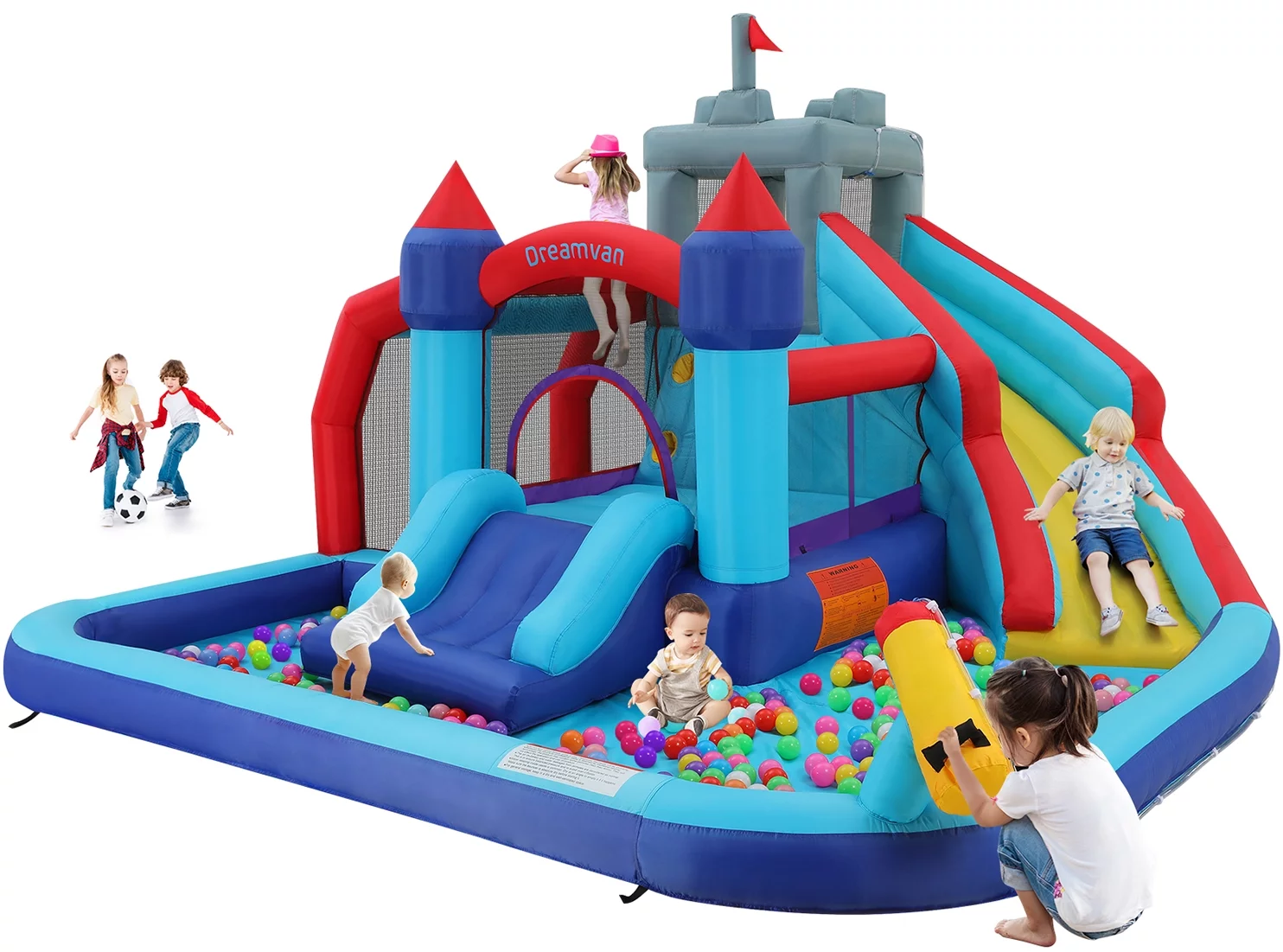 Bounce House for Kids with Blower, Inflatable Water Slide with Soccer Frame, Water Cannon Included, Backyard Water Park for Indoor/Outdoor Parties, Toddler Gift