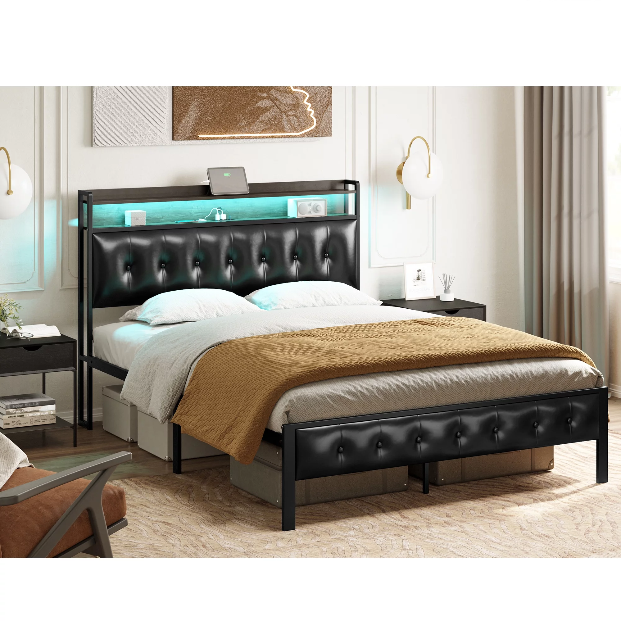 GUNAITO Queen Bed Frame with Storage Headboard Upholstered Platform Bed with LED Lights USB Ports & Outlets Black