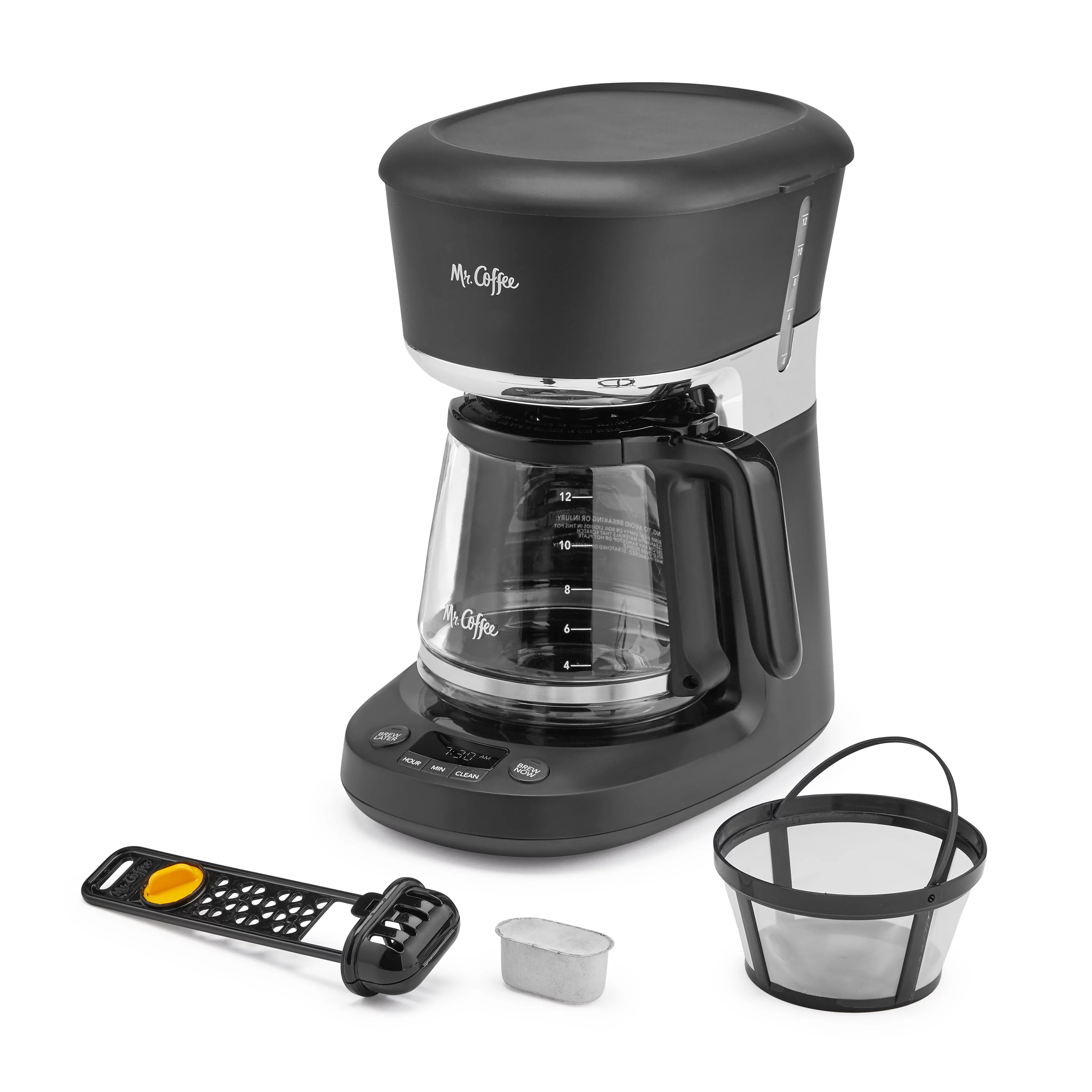 Mr. Coffee 12 Cup Programmable Coffee Maker with Dishwashable Design, Black/Chrome