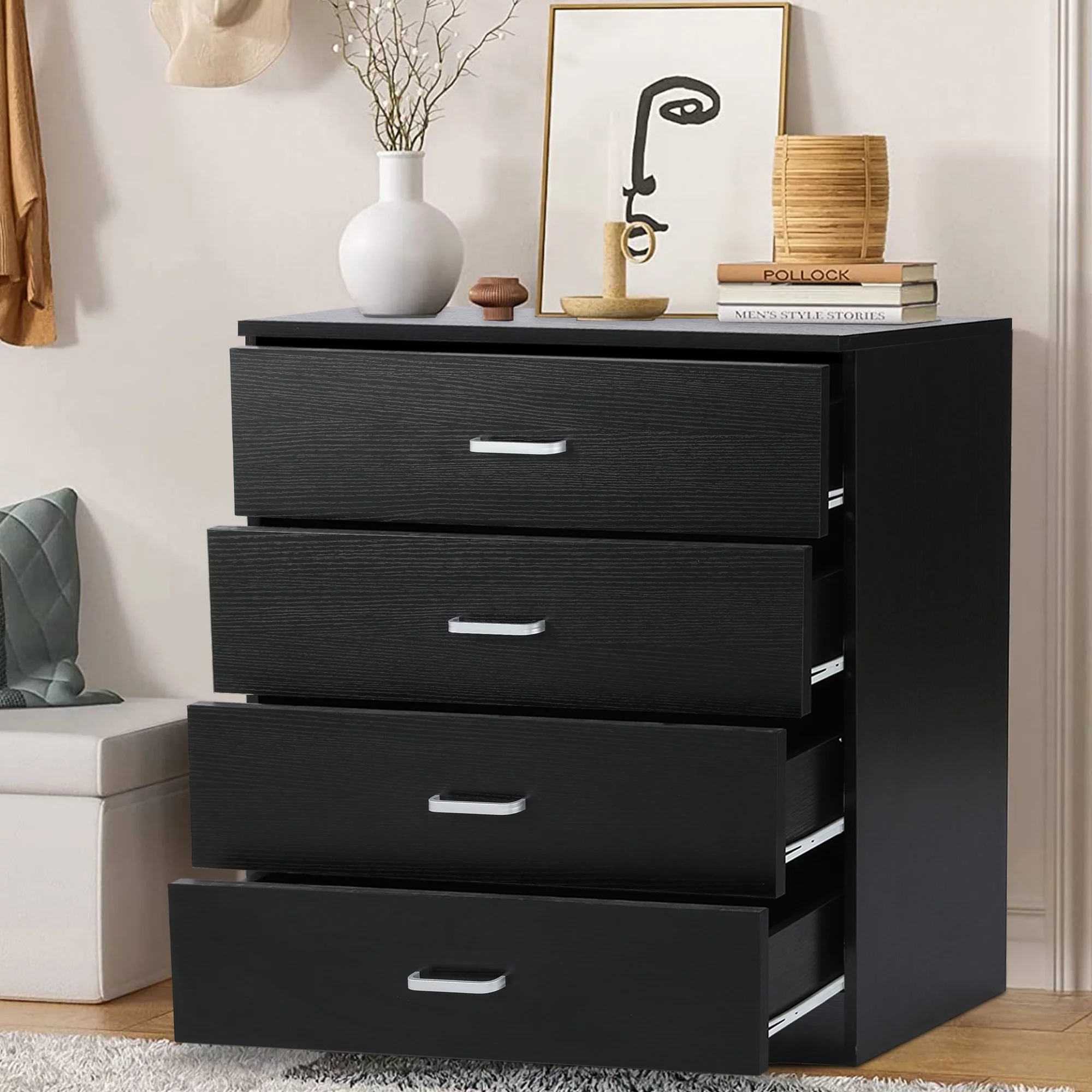 SYNGAR Black 4 Drawer Dresser, Chest of Drawers for Bedroom, Modern Storage Cabinet Dresser Organizer Unit with Handle for Living Room, Closet, Hallway, Nursery