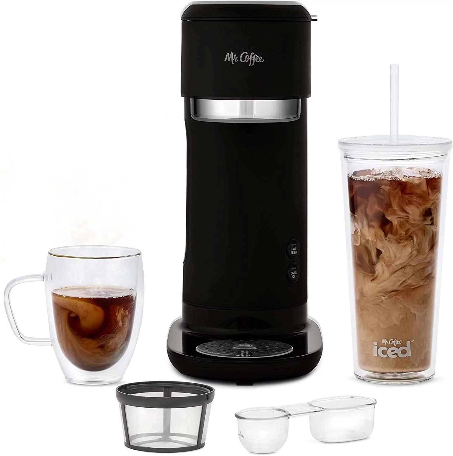 Mr. Coffee Iced and Hot Coffee Maker, Single Serve Machine with 22-Ounce Tumbler and Reusable Coffee Filer, Black