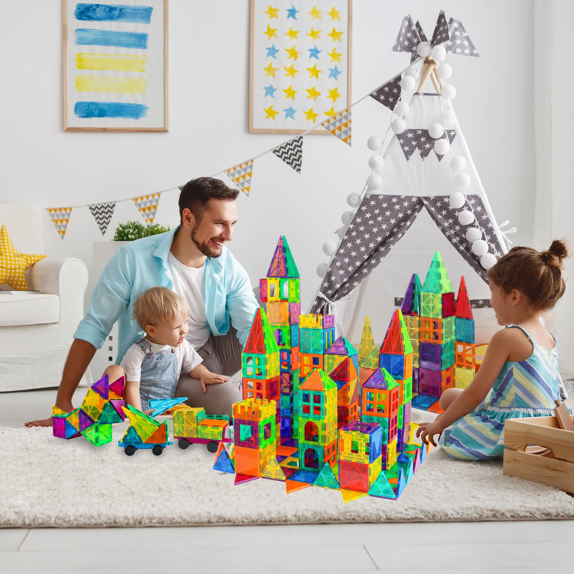 120 Pcs 3D Color Magnet Building Tiles, Magnetic Building Blocks Set with 2 Car for Kids