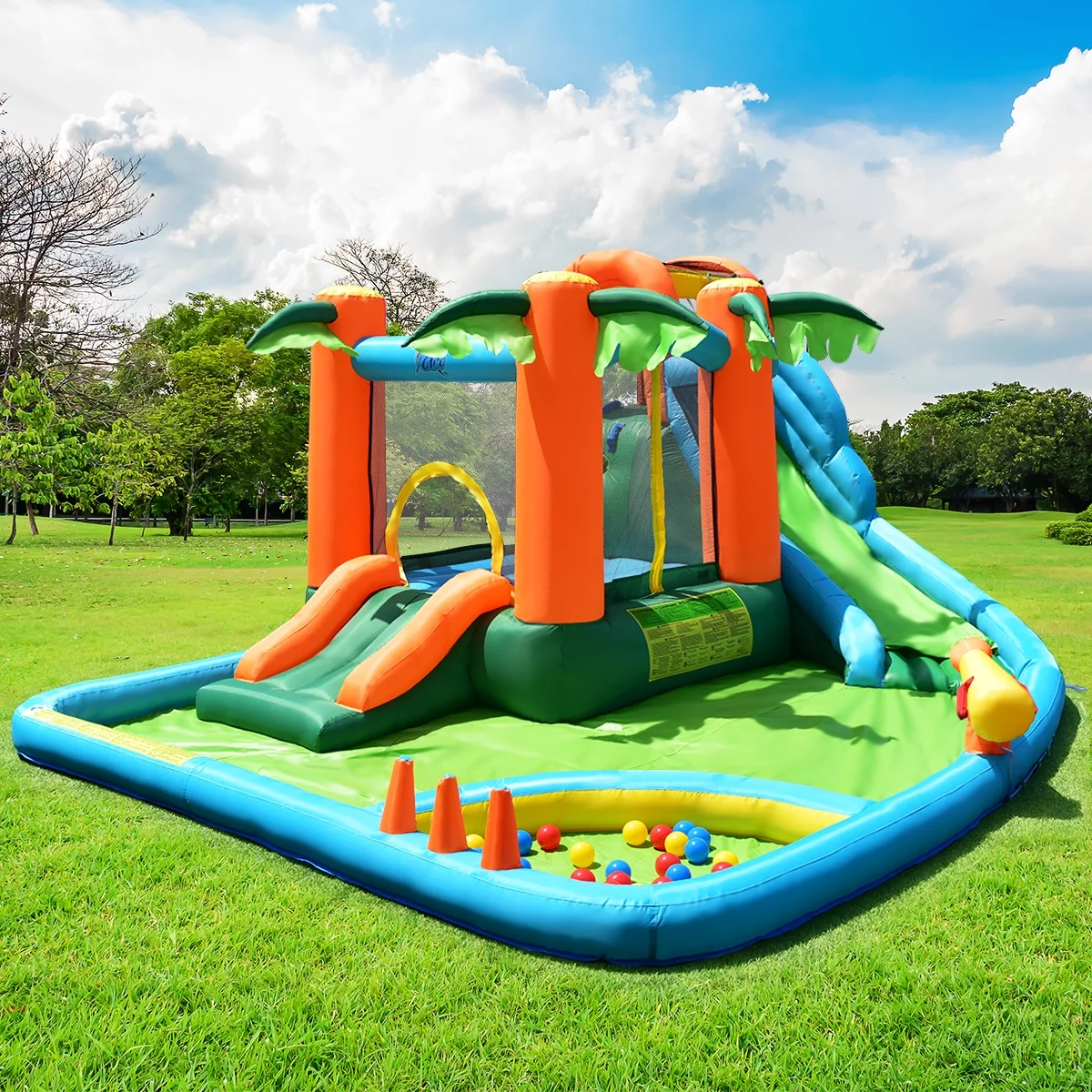 Costway Inflatable Bounce House Kids Water Splash Pool Dual Slide Jumping Castle w/ Bag