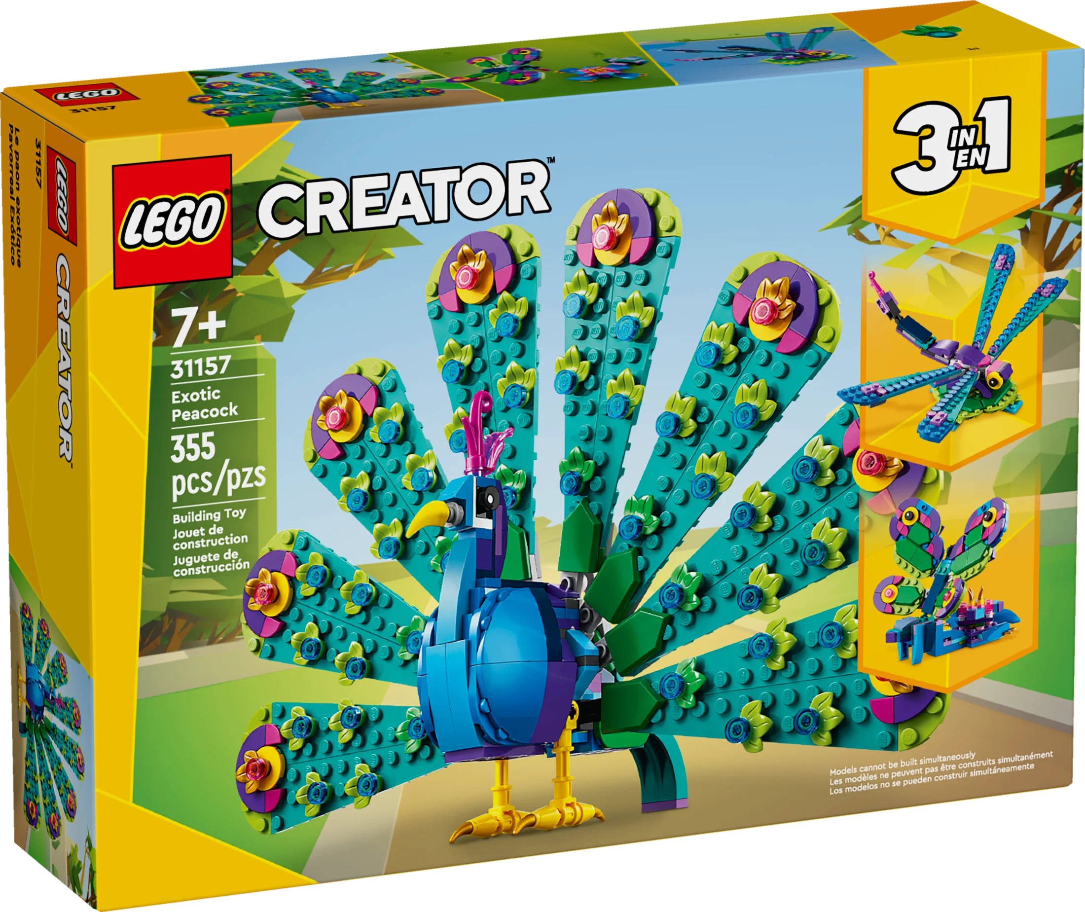 LEGO Creator 3 in 1 Exotic Peacock Toy, Transforms from Peacock to Dragonfly to Butterfly Toy, Play-and-Display Gift Idea for Boys and Girls Ages 7 Years Old and Up, Bird Toy, 31157