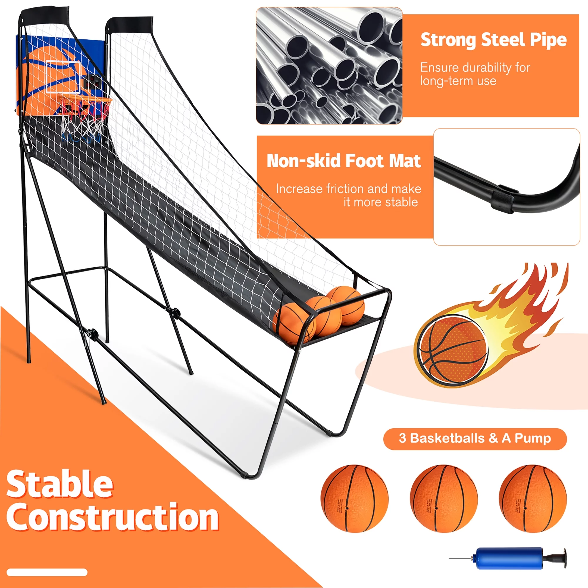 Costway Foldable Single Shot Basketball Arcade Game W/Electronic Scorer 3 Basketballs