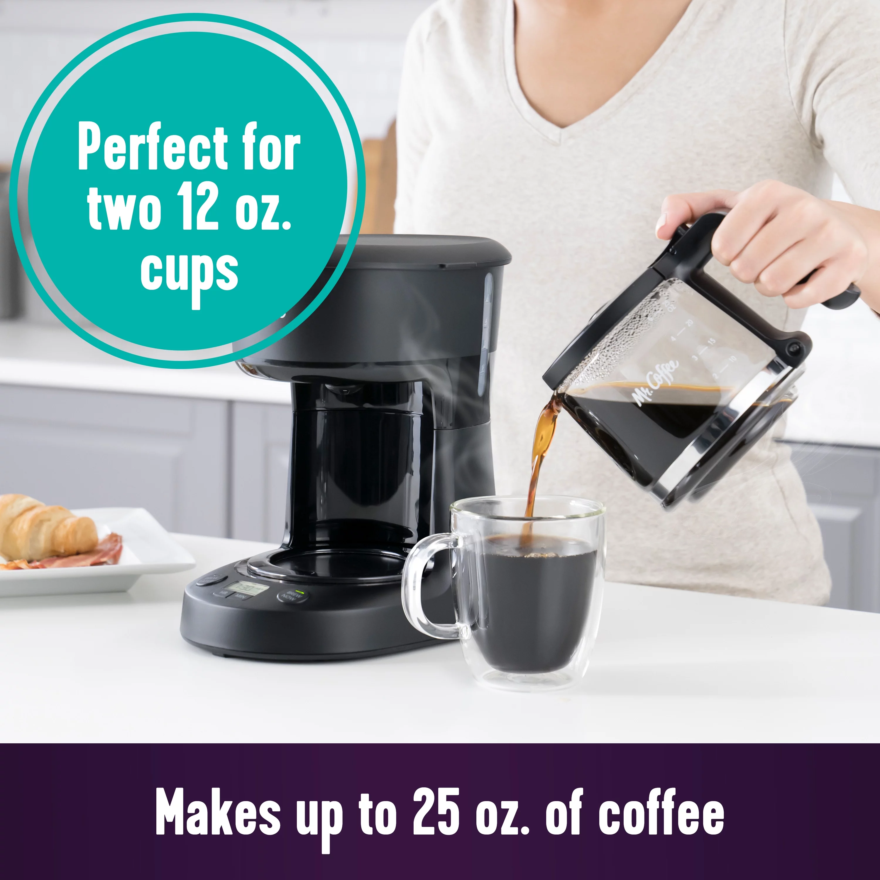 Mr. Coffee 5-Cup Programmable Coffee Maker, 25 oz. Mini Brew, Brew Now or Later, Black