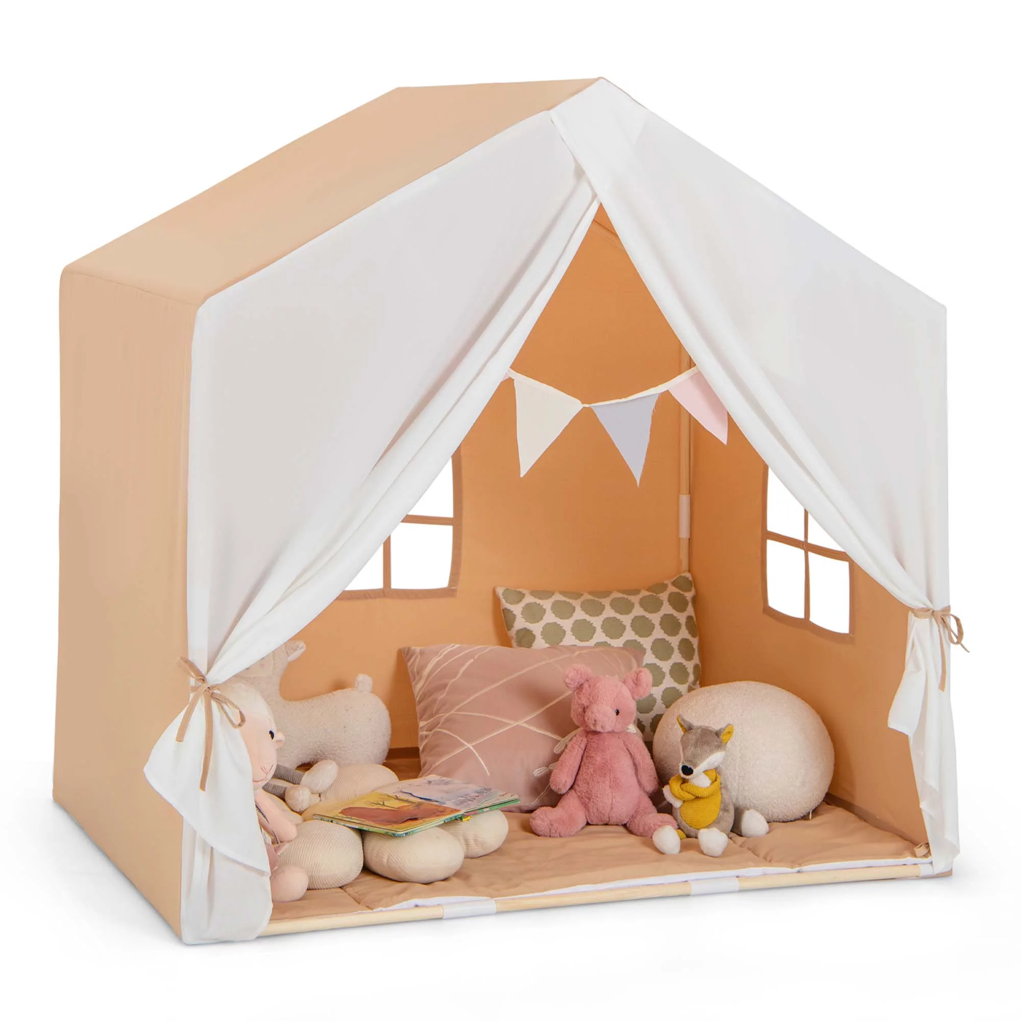 Costway Kid’s Play Tent Toddler Playhouse Castle Solid Wood Frame with Washable Mat Pink Pink