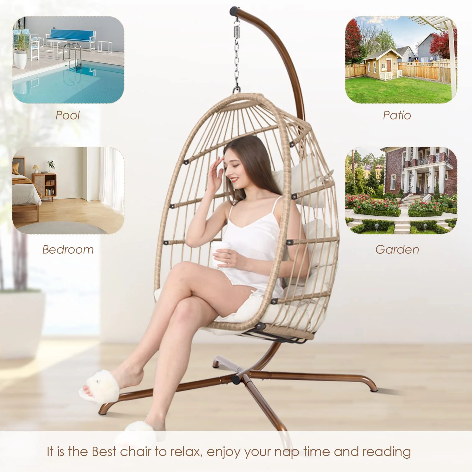 Nicesoul Rattan Swing Egg Chair Hanging Chair With Stand Grey Color 350 lbs Maximum Weight Foldable