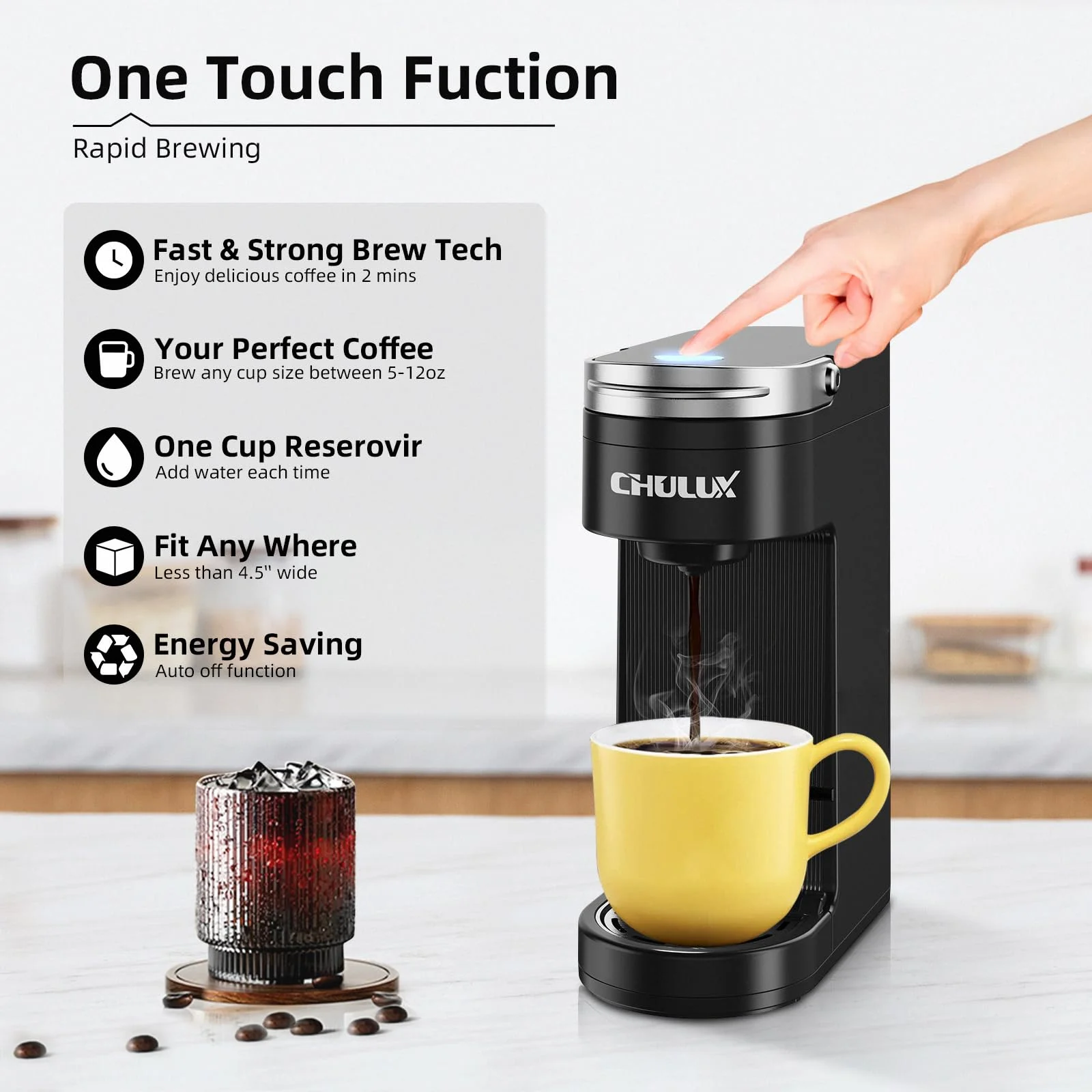 Uarter Single Serve Coffee Maker Small Coffee Maker for K-Cup Pods & Ground Coffee, Travel One Cup Coffee Machine with 5 to 12oz Brewing Sizes in Minutes, Black