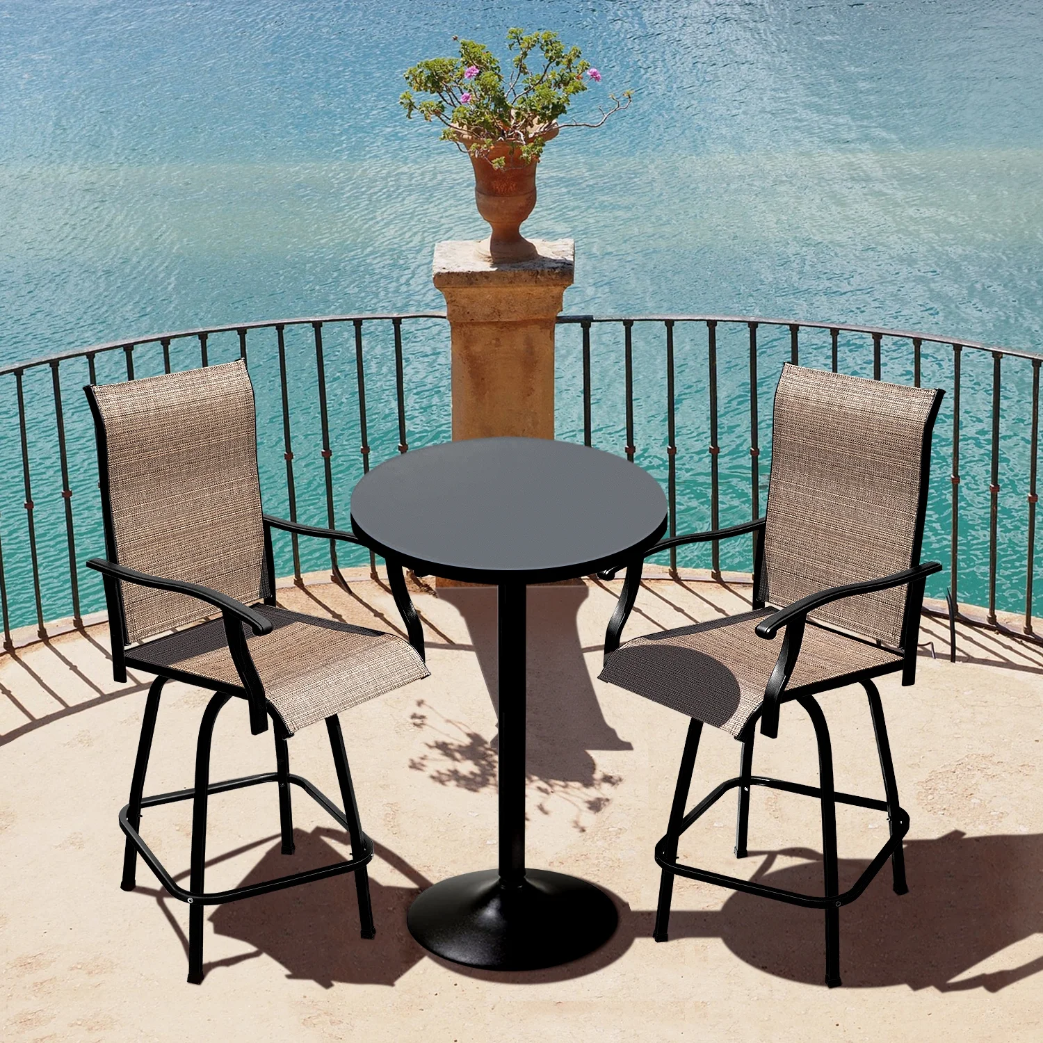 LACOO Patio Outdoor Bar Height Metal Bistro Chair and Table Set of Three, Tan