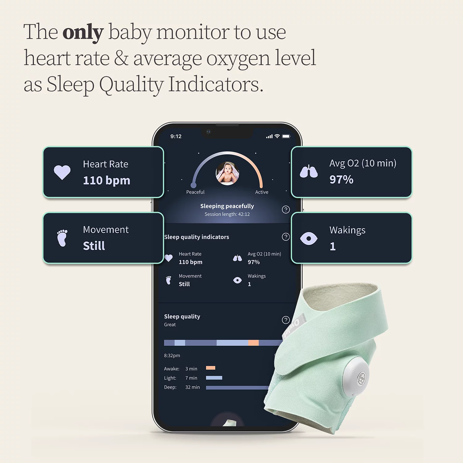 Owlet Dream Sock – FDA-Cleared Smart Baby Monitor with Live Health Readings & Notifications – Mint