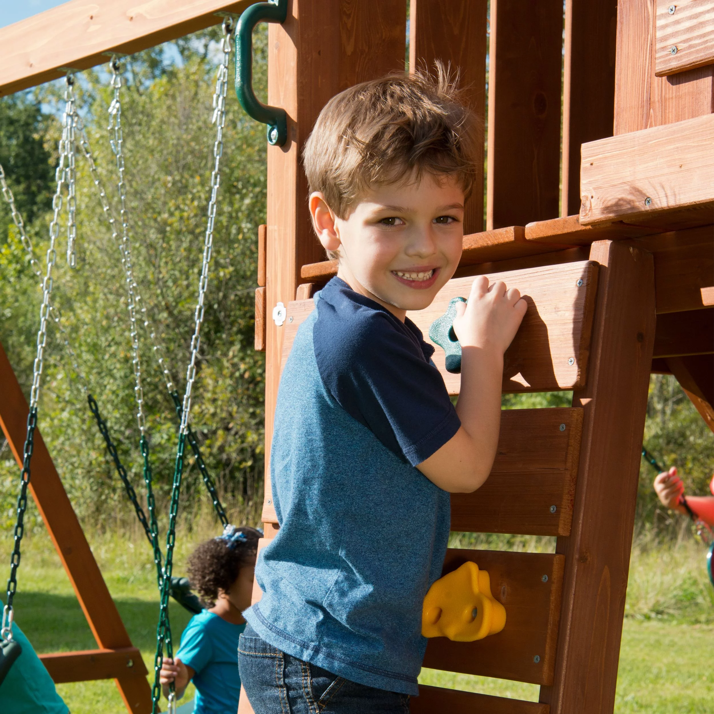 Swing-N-Slide Cedar Brook Wooden Backyard Play Set with Monkey Bars, Swings, Climbing Wall, and Curved Slide