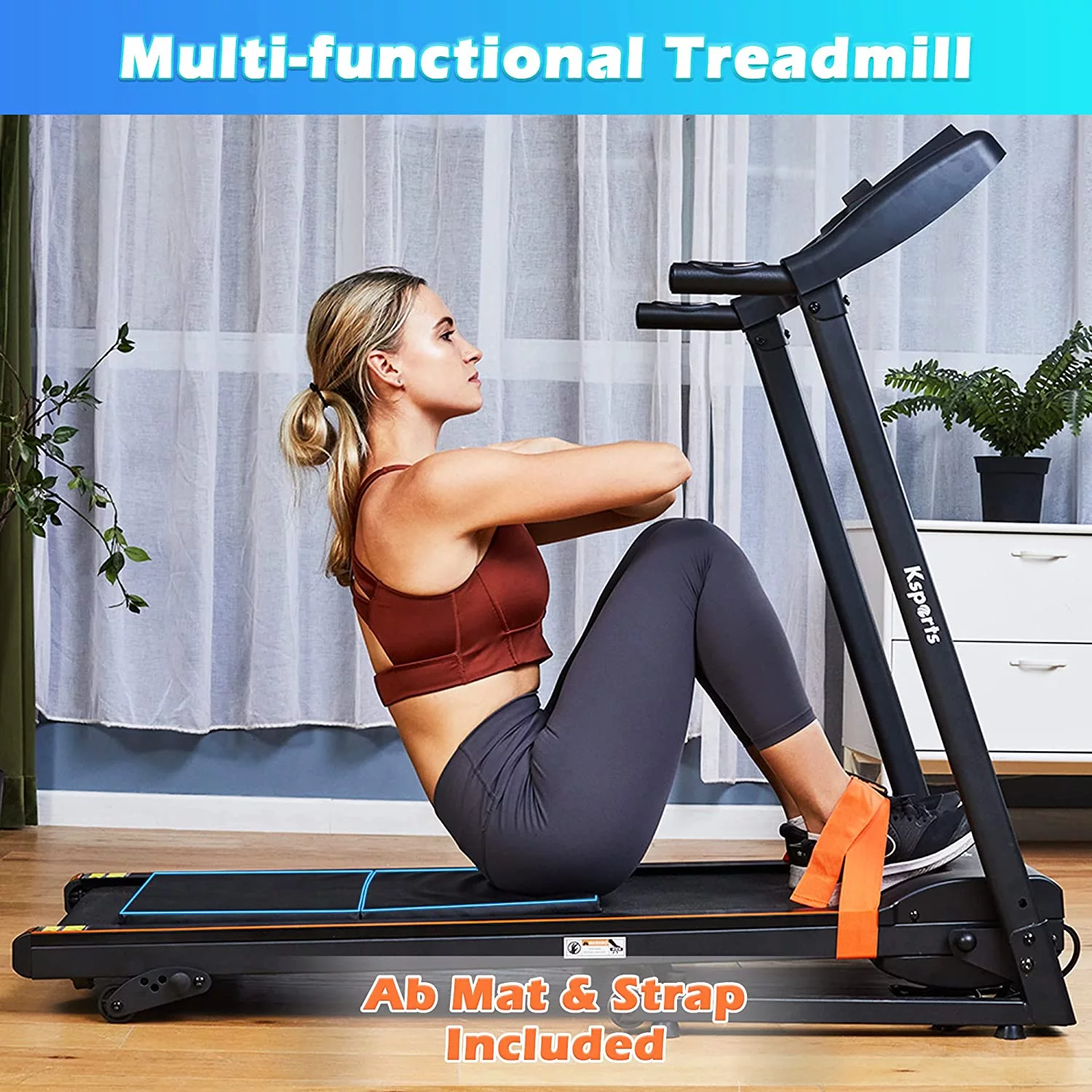 Ksports Multi Function Treadmill with 4 levels of Inclines, Sit Ups Strap & Ab Mat, Running Machine with Bluetooth Smart App