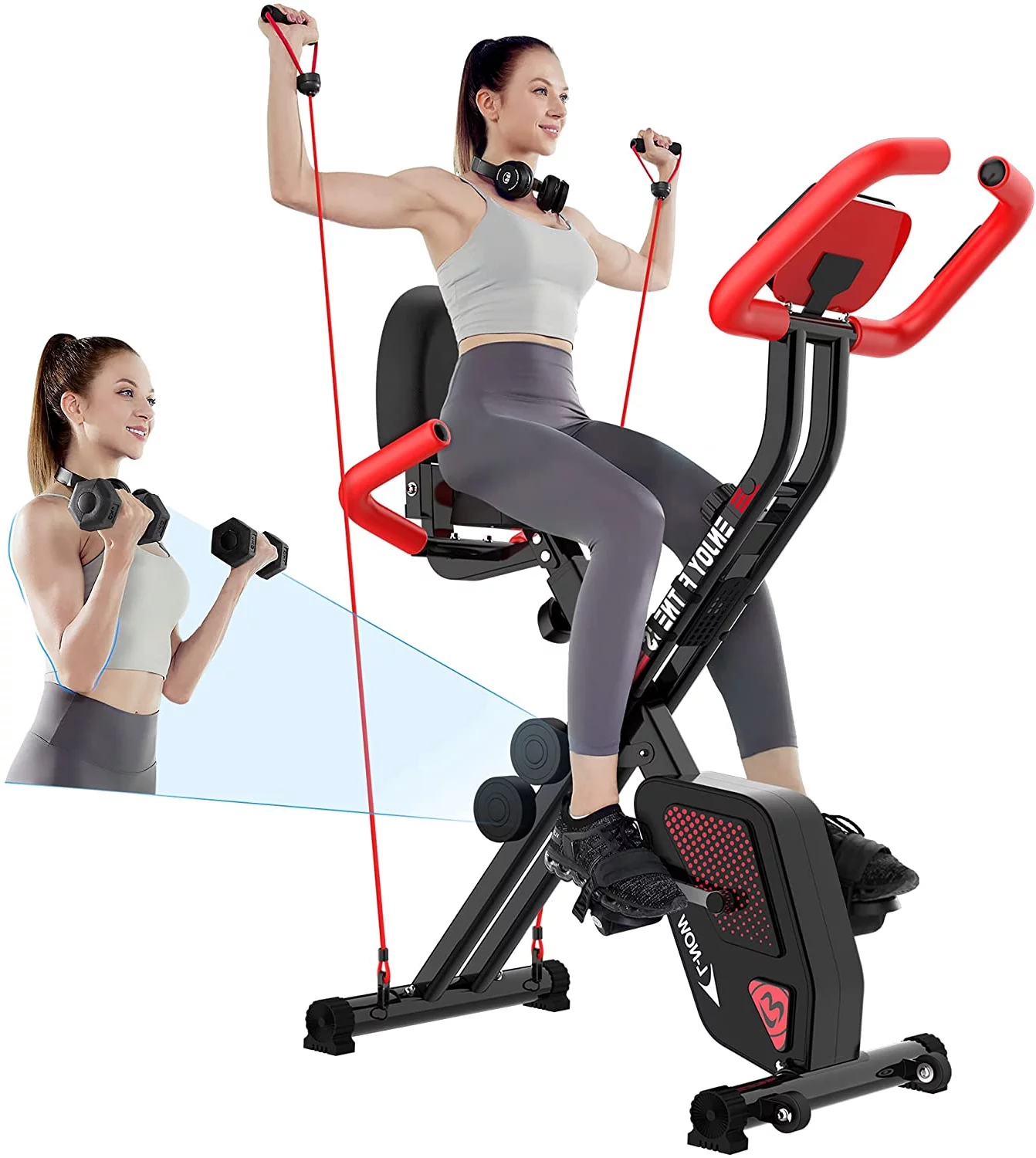 Pooboo 3 in 1 Foldable Exercise Bike Indoor Cycling Bike Magnetic Upright Bike Stationary Bike with Arm Resistance Bands,Pulse Sensor,LCD Monitor,Dumbbells