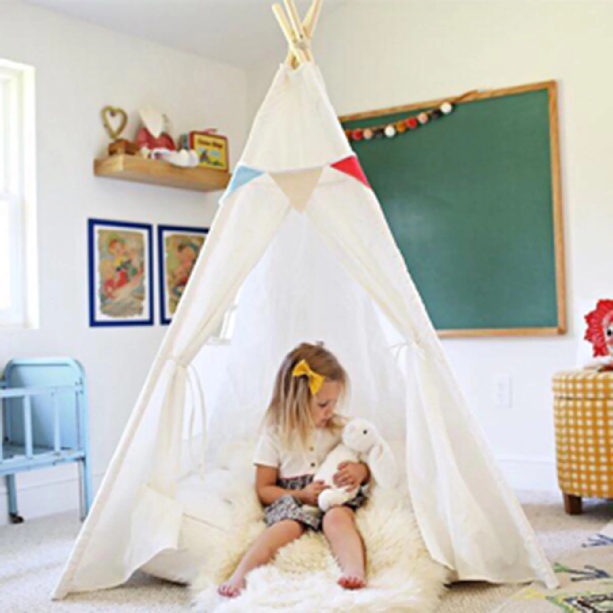 SHCKE Large Kids Teepee Tent Kids Foldable Play Tent for 3 4 5 6 Year Old Girls White Canvas Teepee Indoor Outdoor Games Kids Playhouse Kids Tent