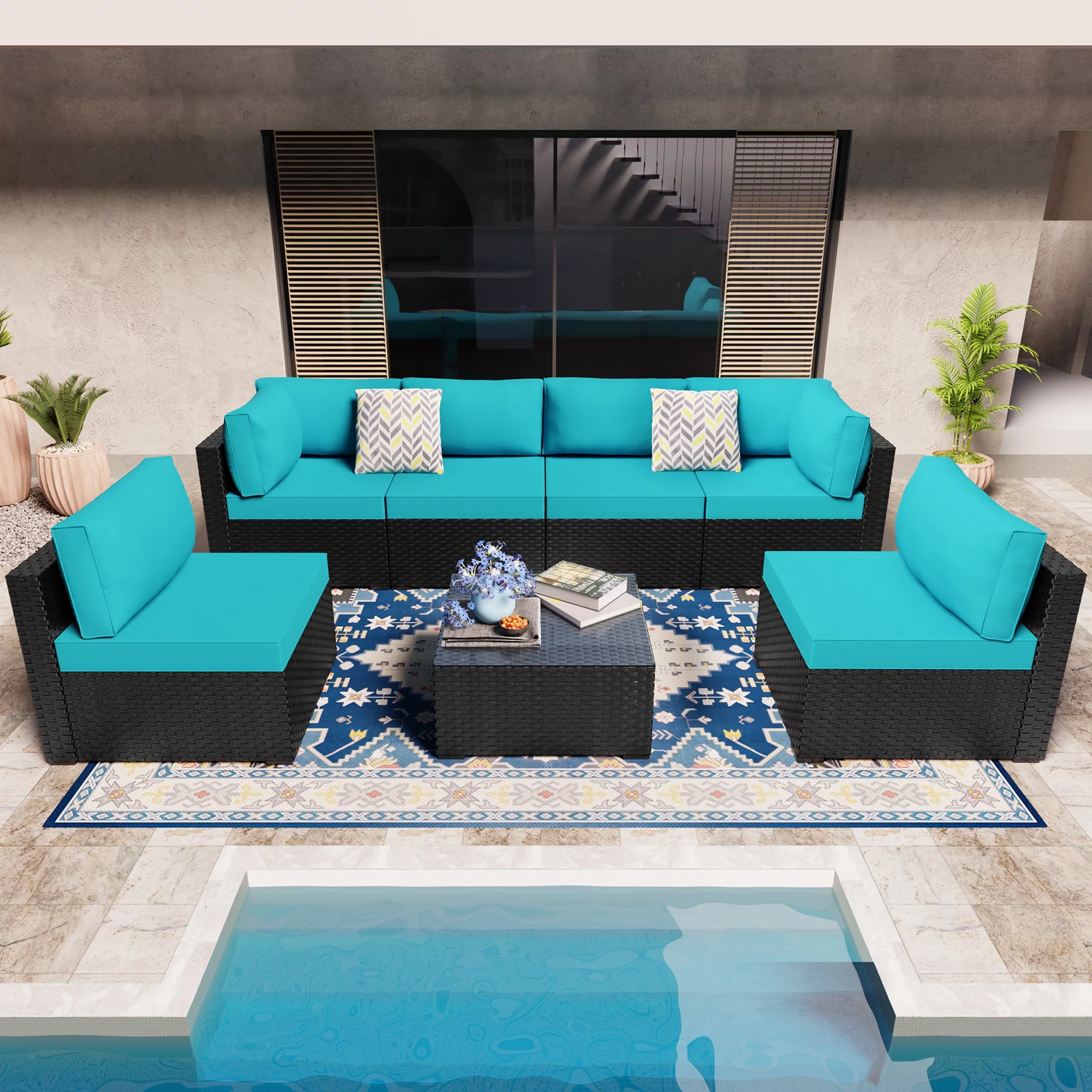 7 Pieces Outdoor Sectional Sofa Furniture Sets, All-Weather Black Wicker Patio Furniture Sets with Tea Table and Washable Couch Cushions Aegean Blue