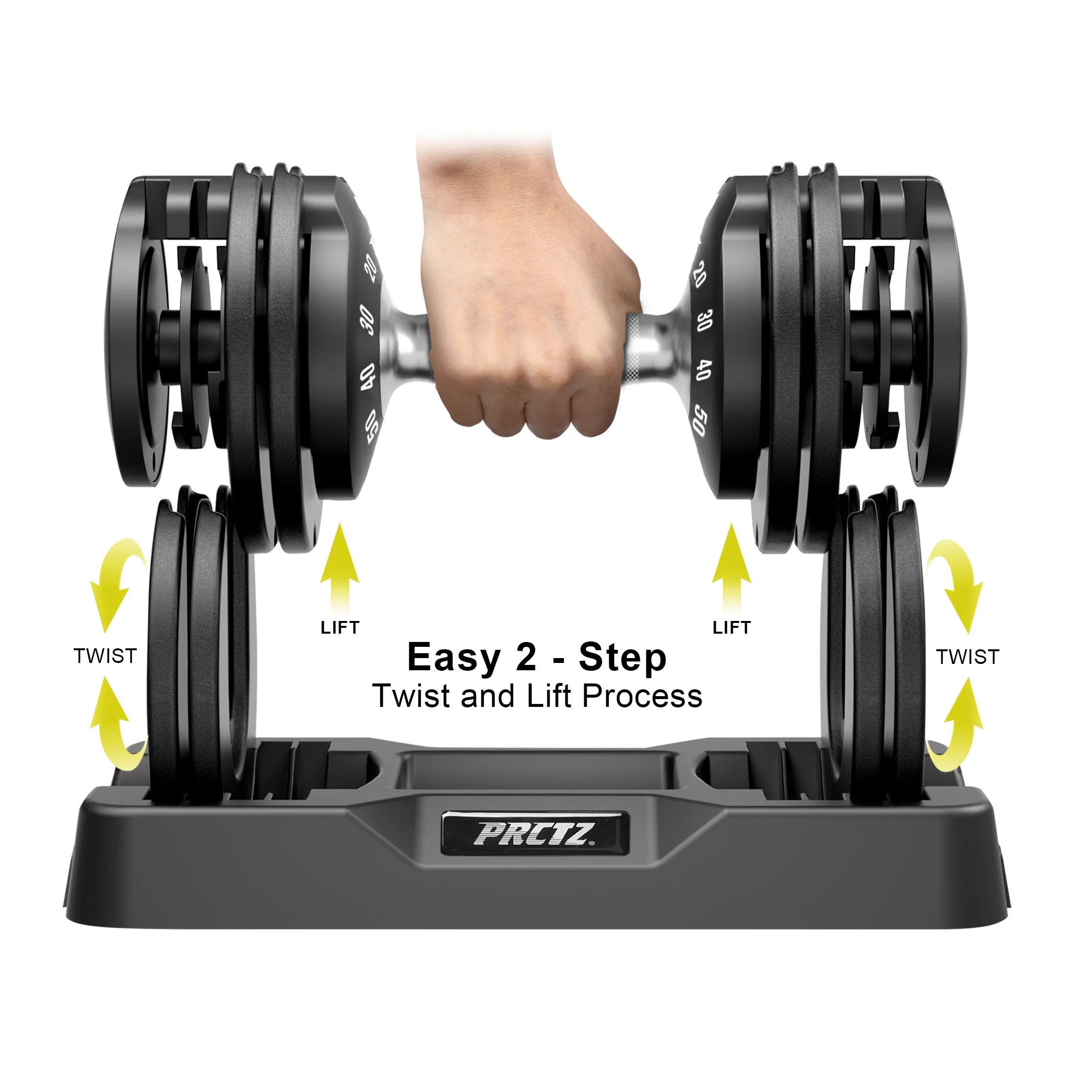 PRCTZ 10-50 lb Quick Select Adjustable Dumbbell, Enhanced 3-Point Safety Locking System, Single, Black