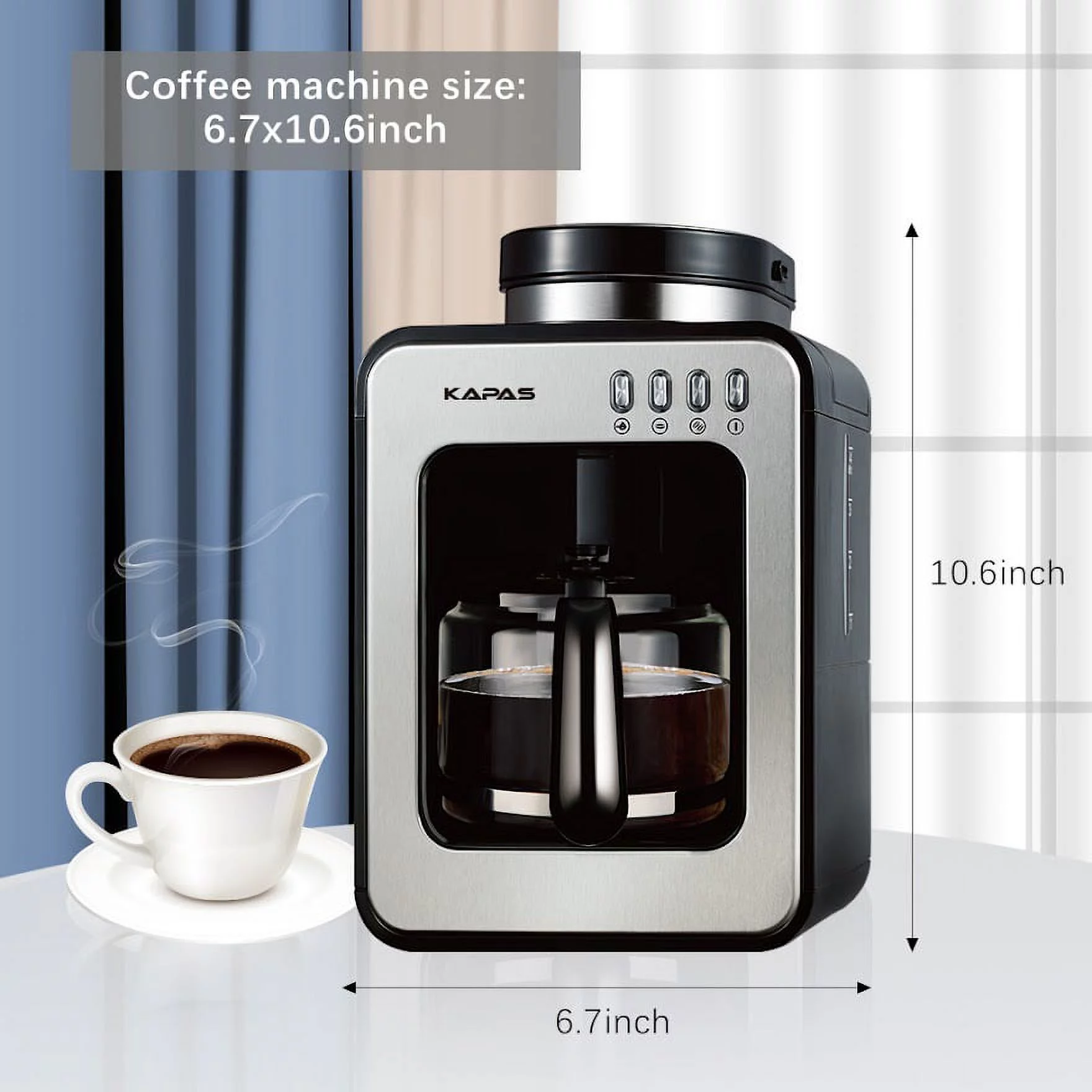 KAPAS Mini Automatic Coffee Machine With Grinding Function, Programmable Timer Mode and Keep Warm Plate,0.6L Capacity, 600W