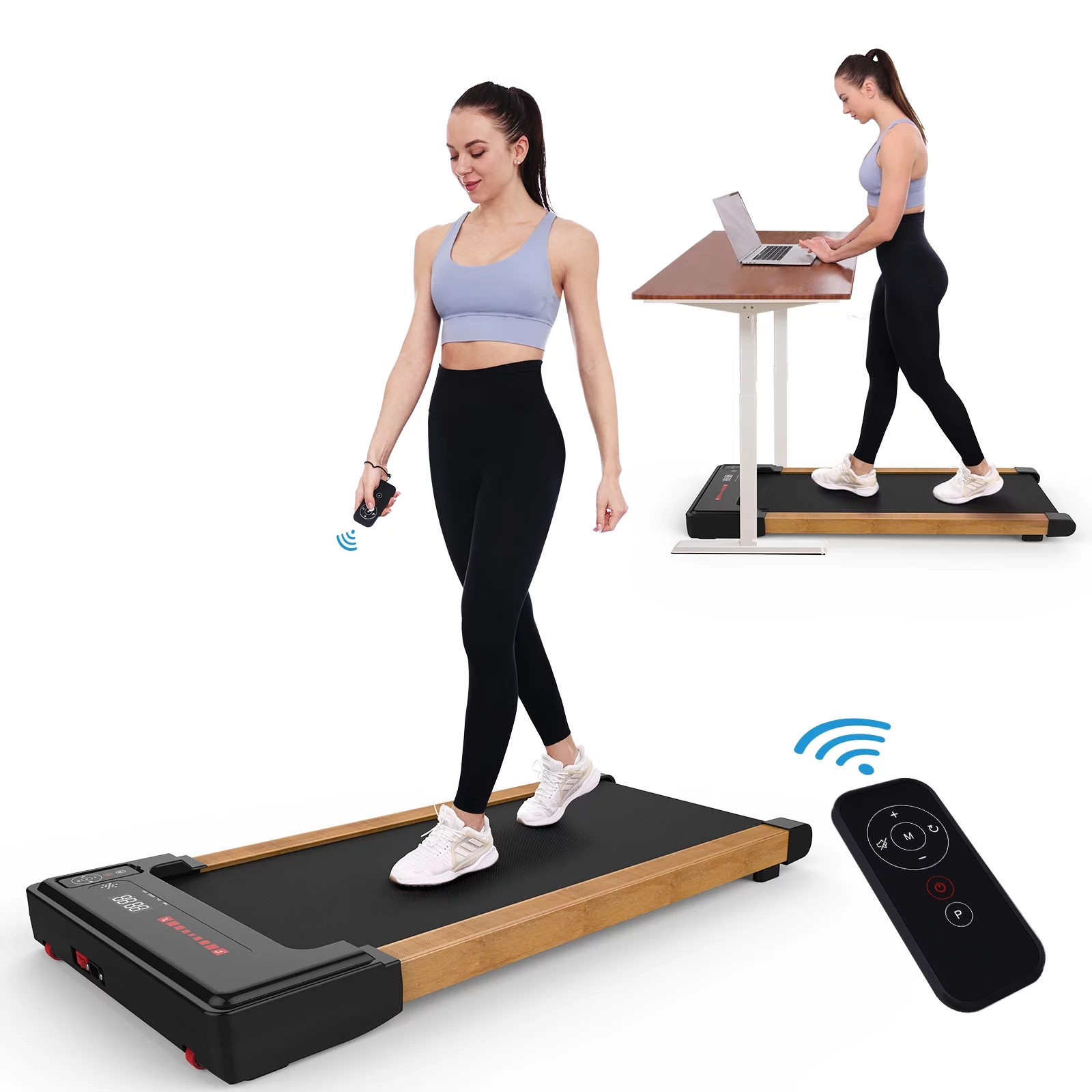 OBENSKY Walking Pad Treadmill Under Desk, Wood 2.25HP Grain Portable Mini Treadmill w/ Remote Control