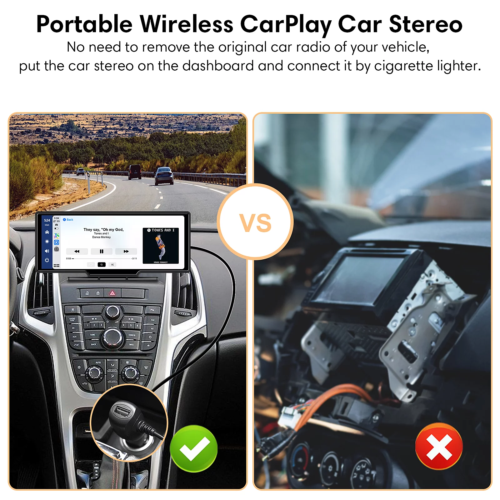 Wireless Carplay Screen for Car, 2.5K Dash Cam, 64G SD Card, Backup Camera, Bluetooth, GPS Navigation, Android Auto, 9.3″ Portable Car Stereo