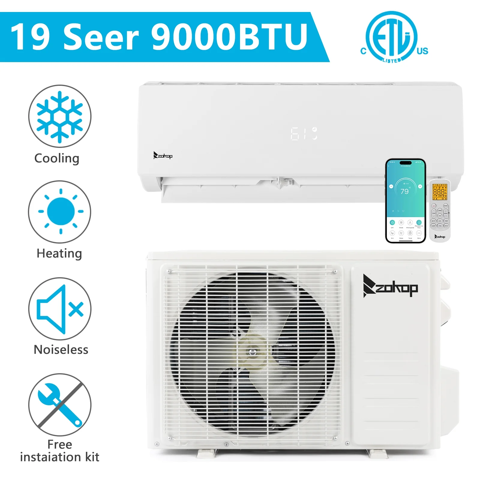 Ktaxon 9000 BTU Wifi Enabled 19 Seer Mini Split Air Conditioner & Heater AC 115V