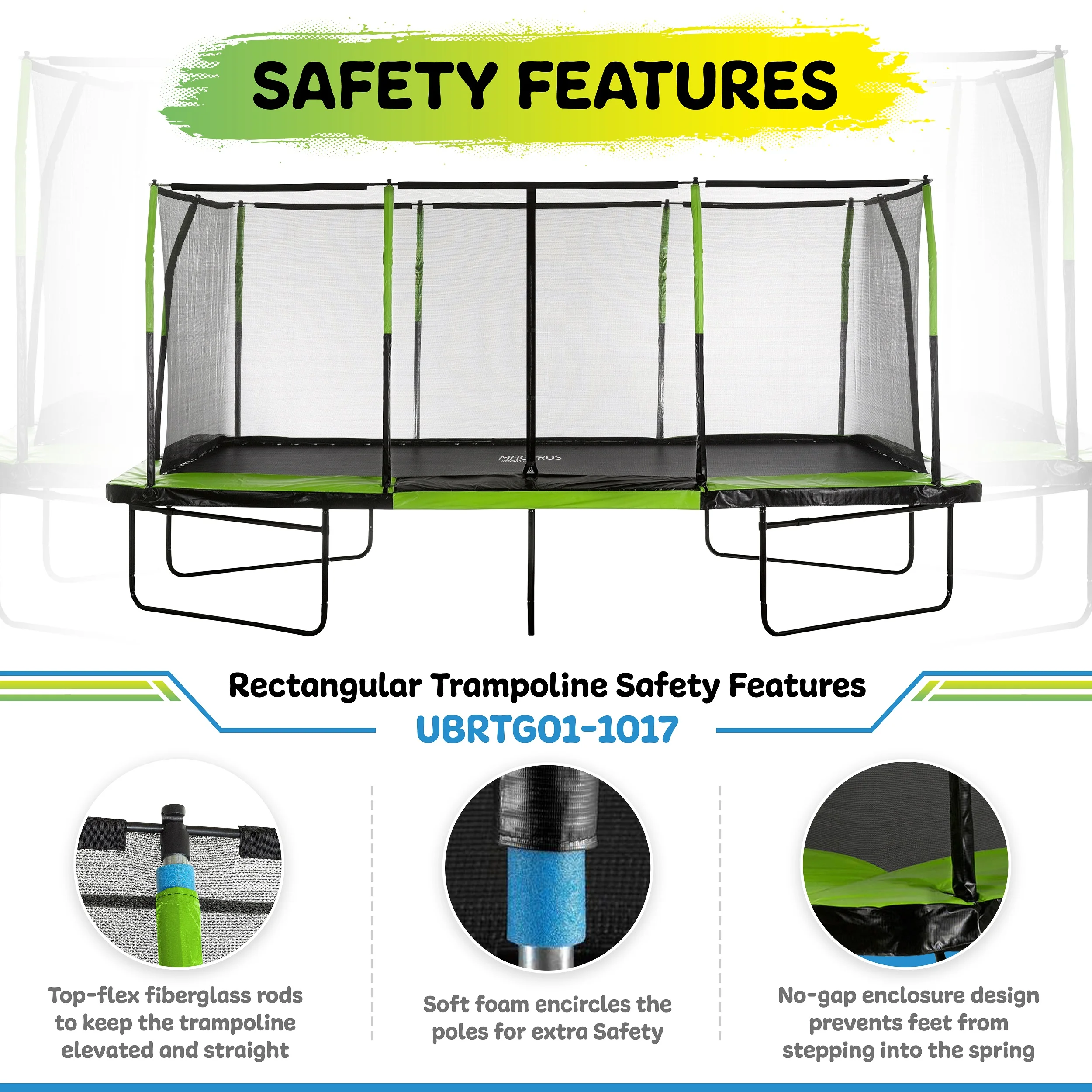 Machrus Upper Bounce – Mega 10′ X 17′ Gymnastics Style, Rectangular Trampoline Set with Premium Top-Ring Enclosure System – Green/Black