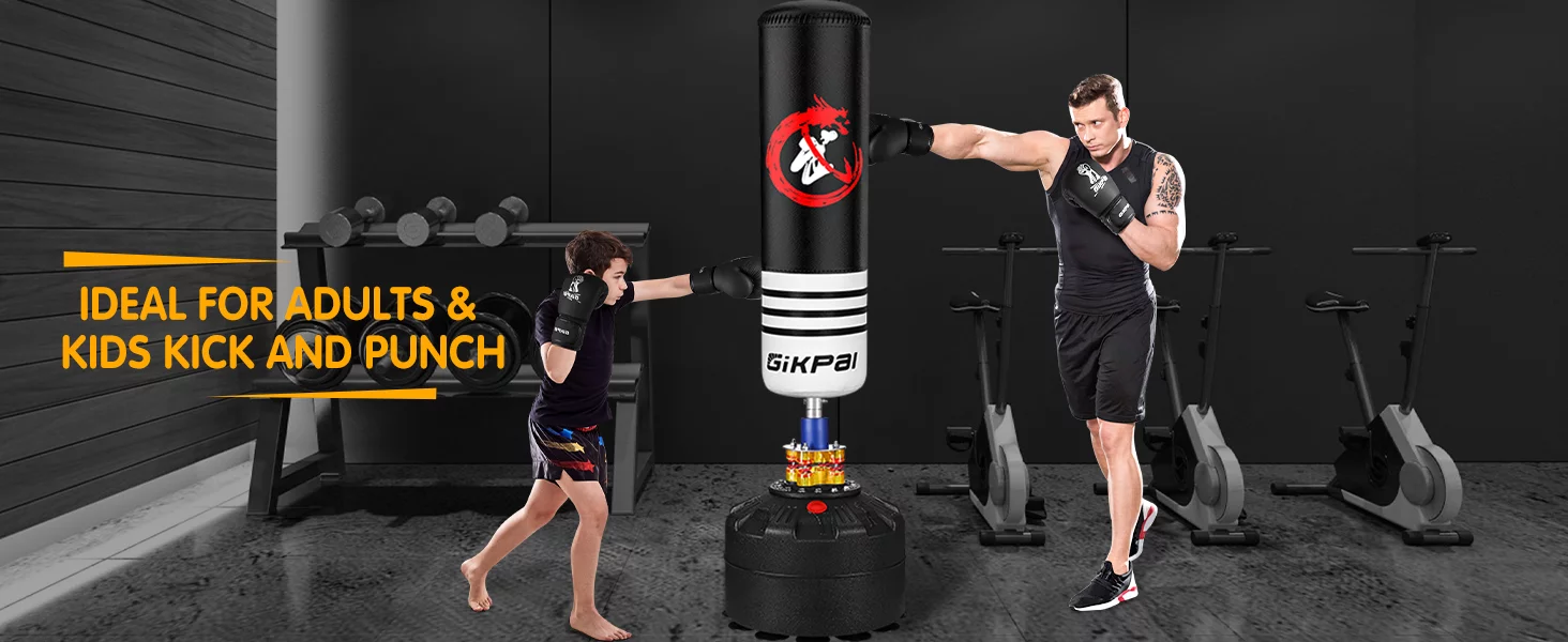 GIKPAL Freestanding Punching Bag 70”-180lbs with Stand for Adult Teens Kids, Kickboxing Bag with 12 Suction Cup Base for Home Office Gym,Black