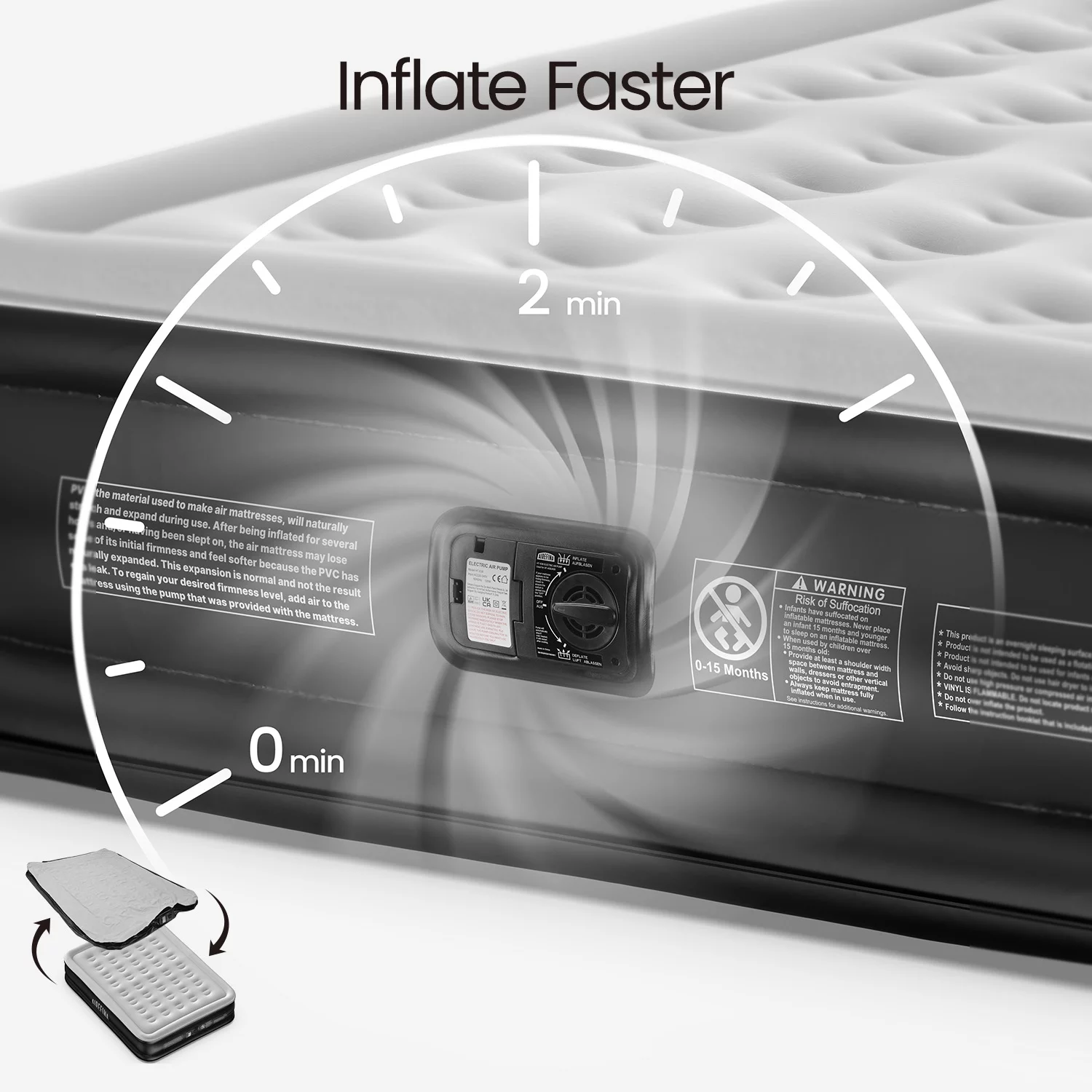 Airefina Queen Air Mattress with Built-in Electric Pump, Self-Inflation/Deflation in 3 Mins