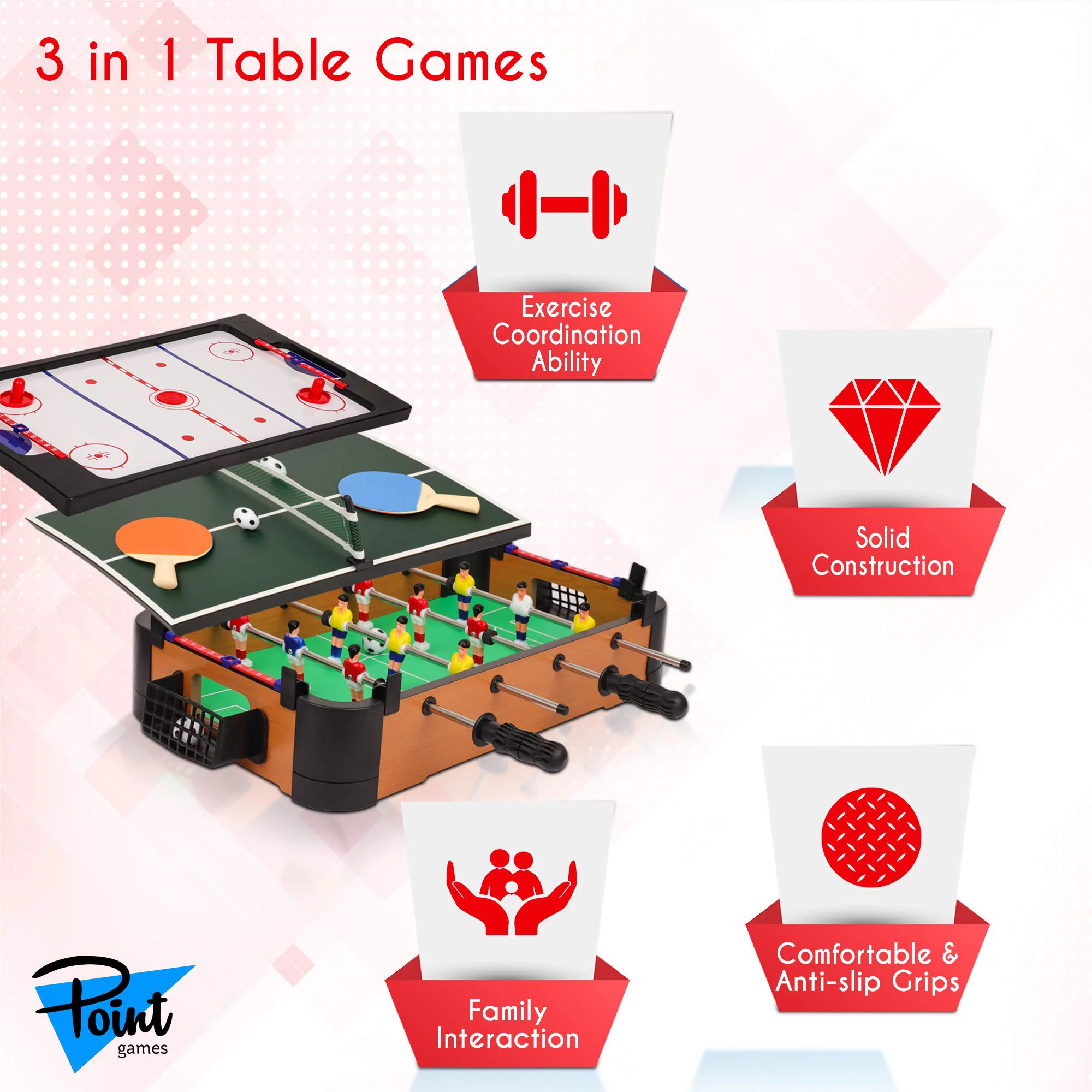 Point Games 3 in 1 Small Multi Game Set, Foosball, Air Hockey, Table Tennis – Portable Mini Arcade Table for Easy Carry – Perfect Arcade Gift for Children – Recommended Age 3+