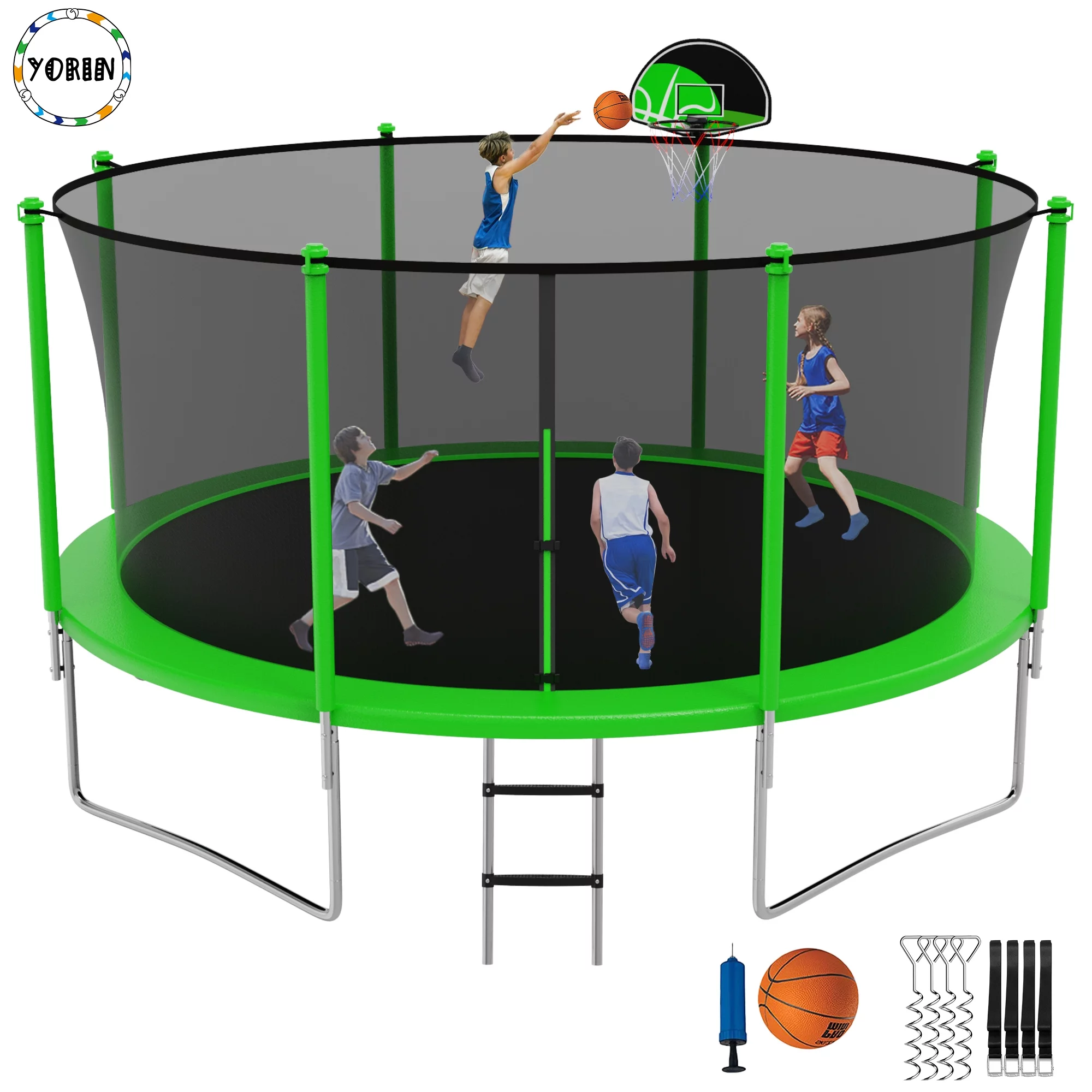 YORIN Trampoline 1400LBS 14FT Trampoline for Adults with Enclosure, Outdoor Trampoline Capacity 6-8 Kids, with Basketball Hoop ASTM Approved Backyard Recreational Heavy Duty Trampoline