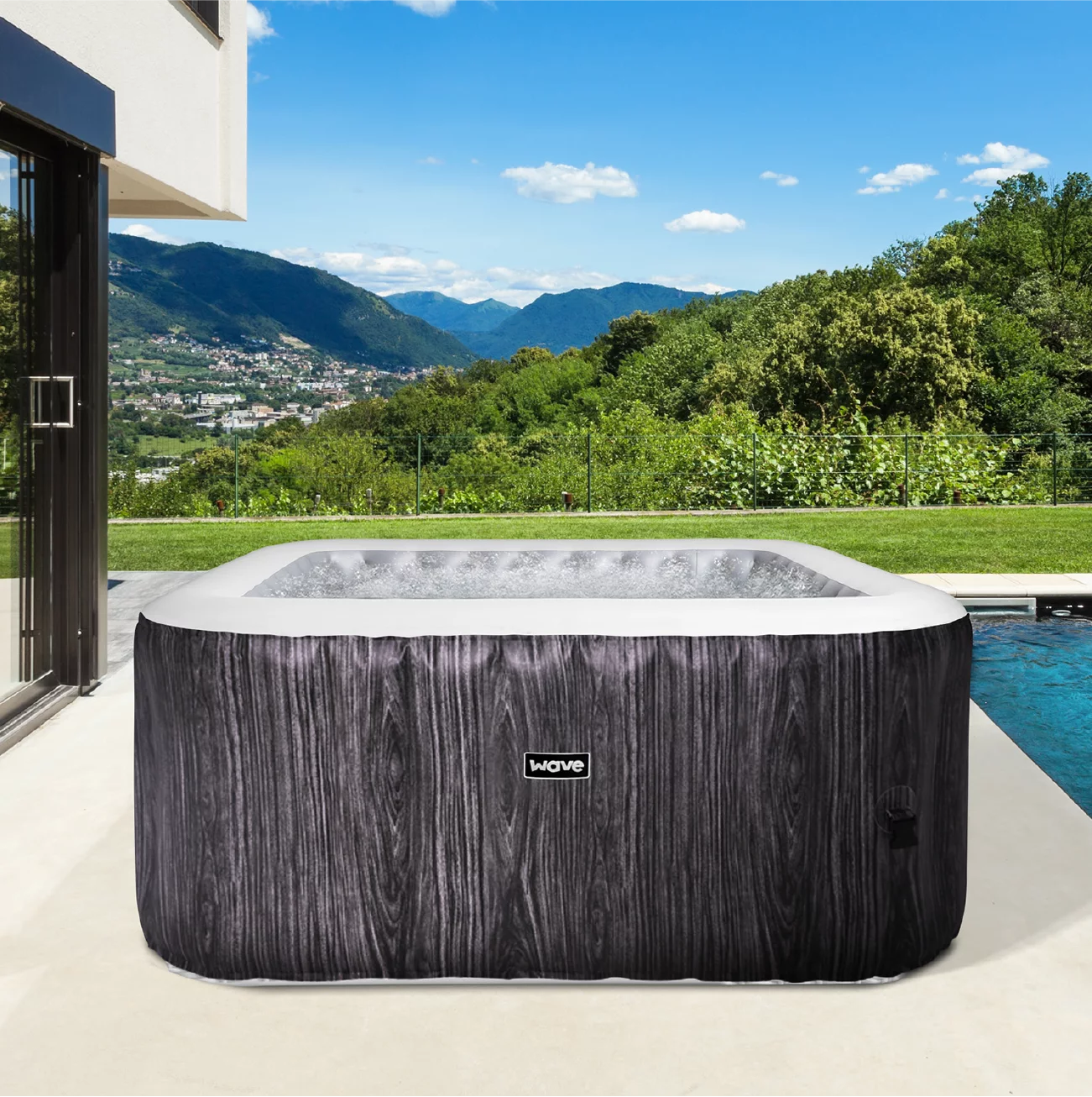 Wave Pacific 4 Person Square Inflatable Hot Tub, 95 Massaging Air Jets, Grey Wood