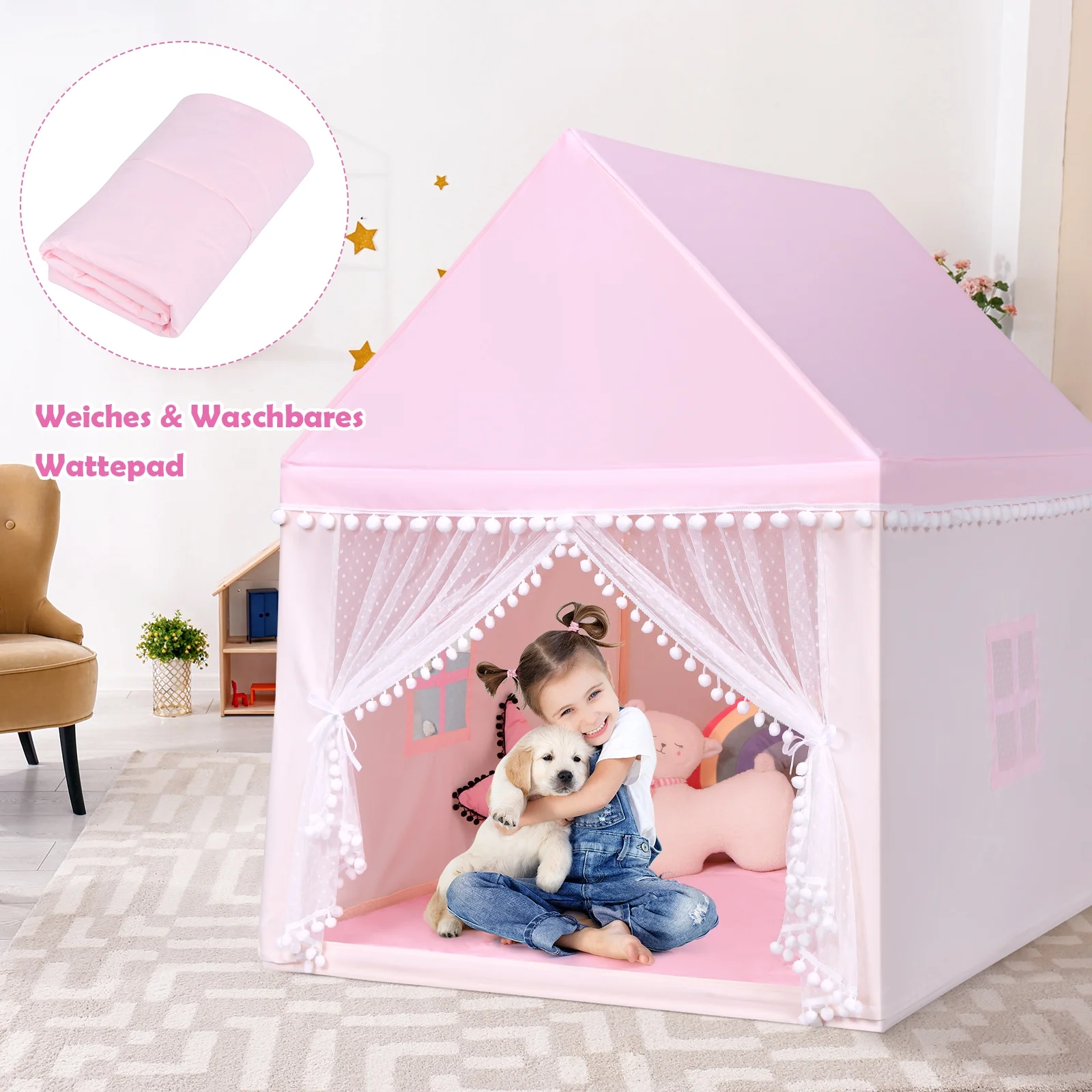 Infans Kids Play Tent Large Playhouse Children Play Castle Fairy TentGift w/ Mat Pink