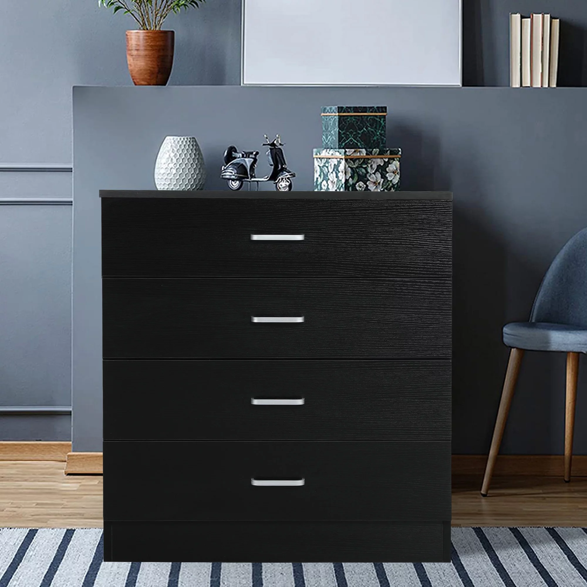 SYNGAR Black 4 Drawer Dresser, Chest of Drawers for Bedroom, Modern Storage Cabinet Dresser Organizer Unit with Handle for Living Room, Closet, Hallway, Nursery