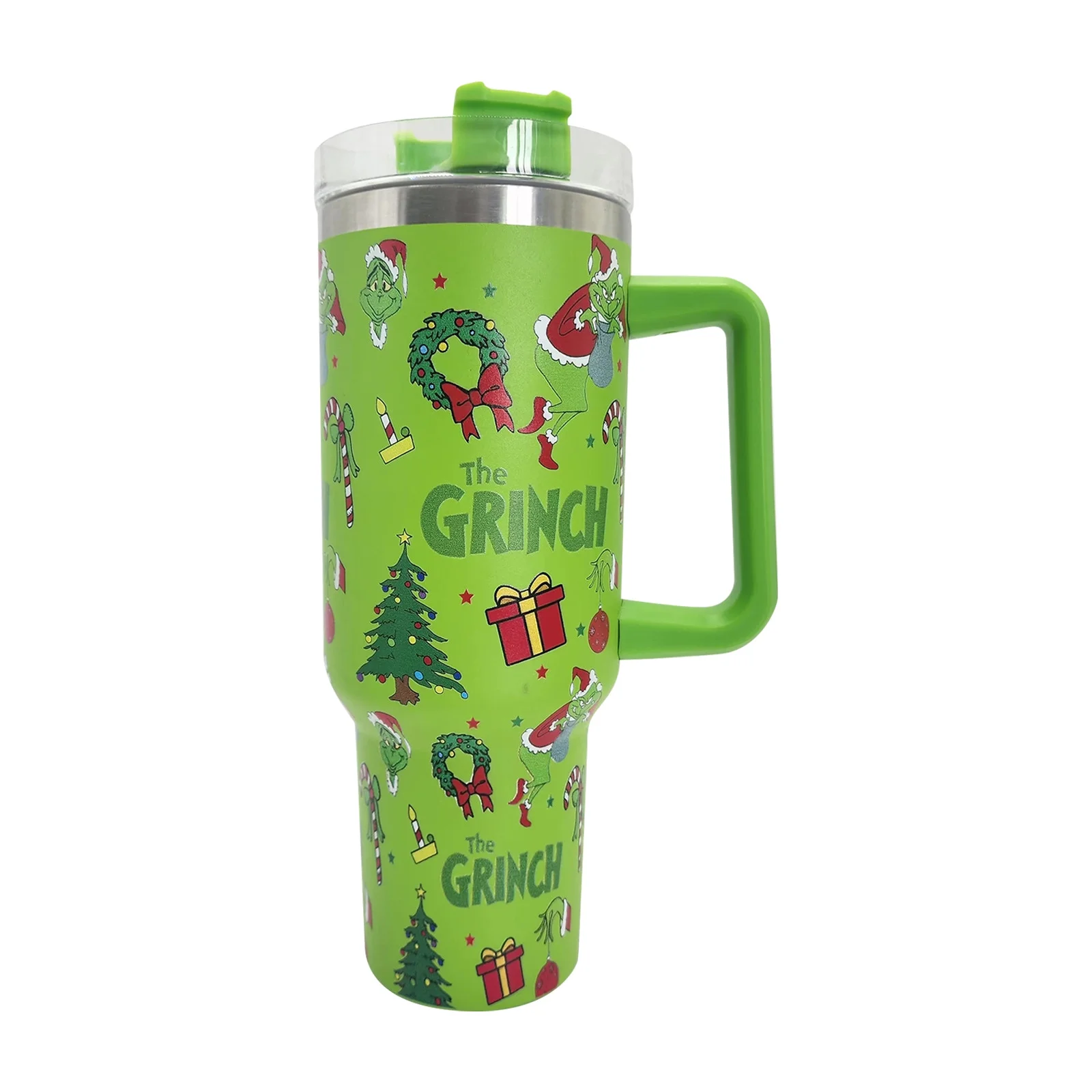 40 oz Tumbler with Handle and Lid, Grinch Tumbler Cup, Stainless Steel Grinch Cup Reusable Insulated Cup and Water Tumbler Cup with Grinch Pateern, Best Christmas Gifts for Car Cup Holder,Travel,Gym