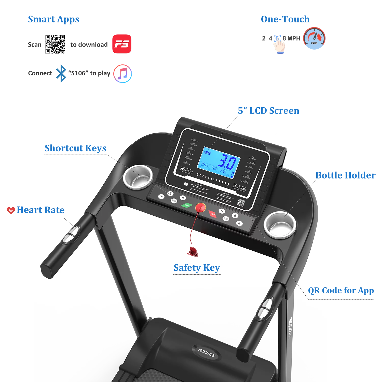 Home Foldable Running electromechanical treadmill 5 “LCD screen 250 lb capacity with Bluetooth