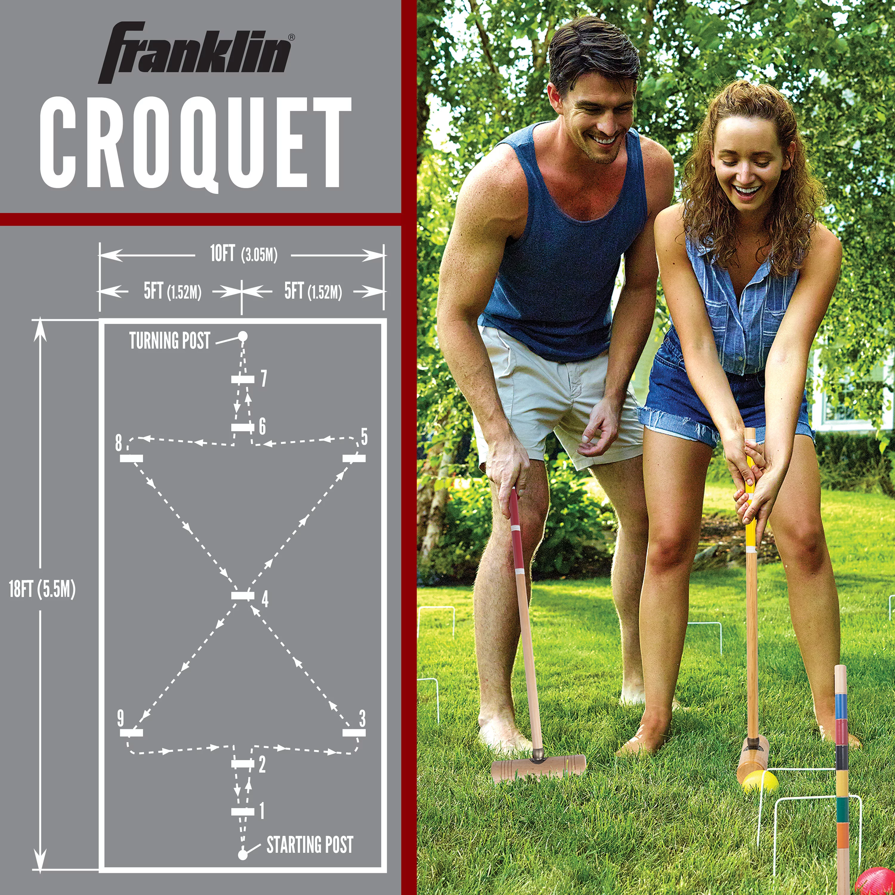 Franklin Sports Croquet Set – 6 Player Mallets + Balls + Wickets Set – Family